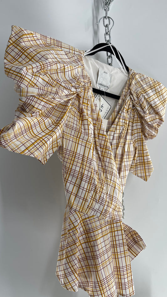 C/MEO Collective Plaid Puff Sleeve Peplum with Tags Attached (S)