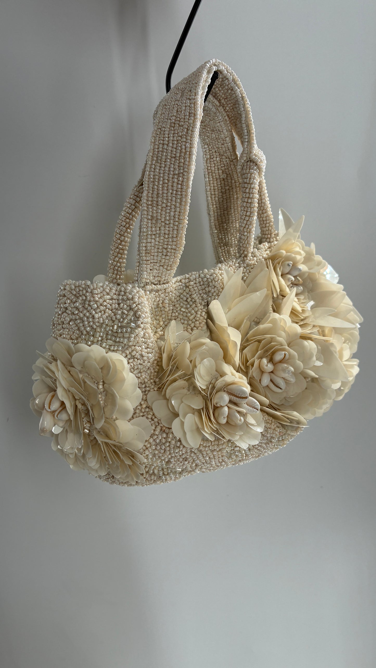 Beaded Off White Purse with Sequin and Shell Flowers