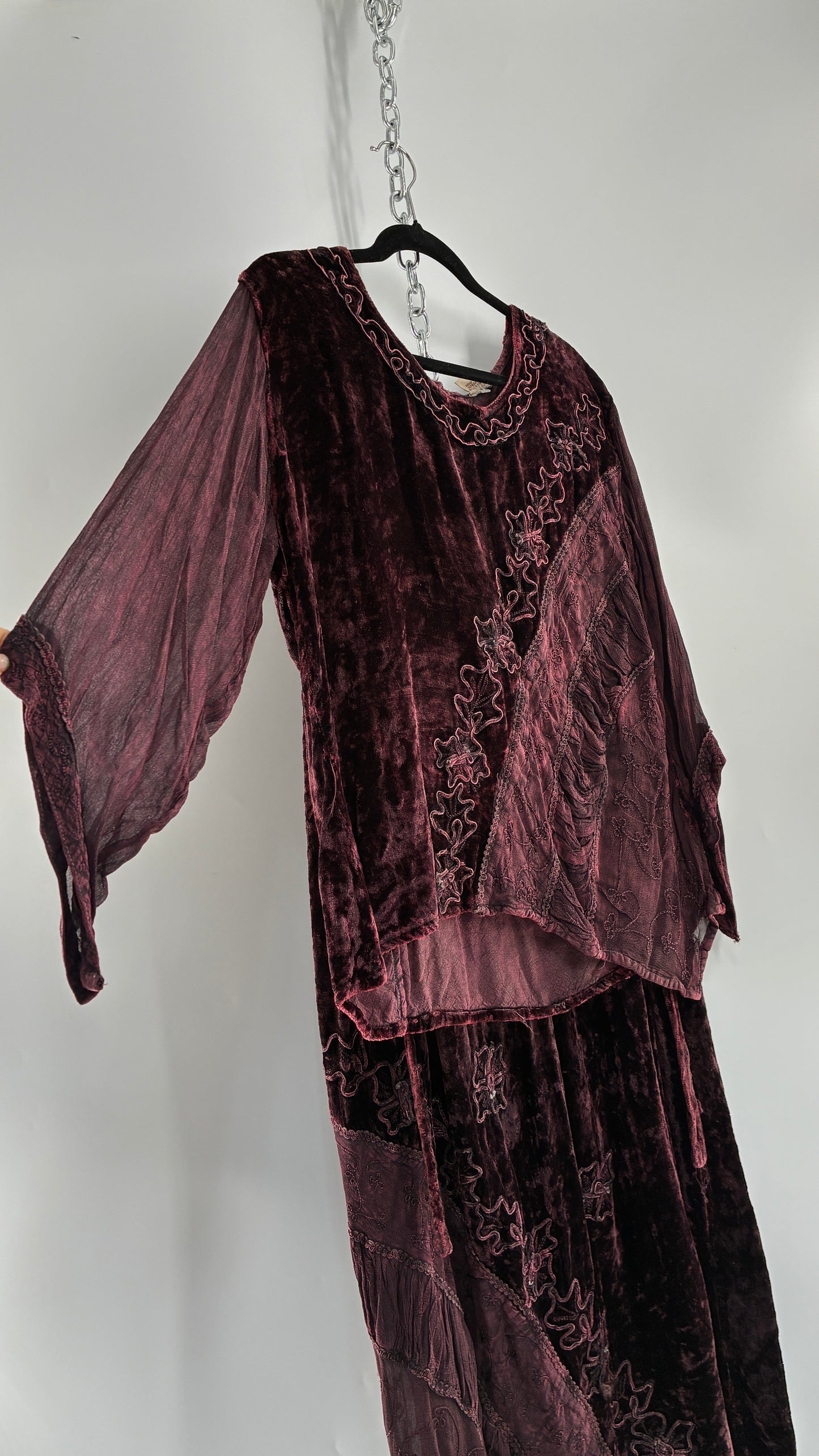 Vintage 1990s Burgundy Velvet Tie Back Blouse and Sheer Paneled Skirt (OS)
