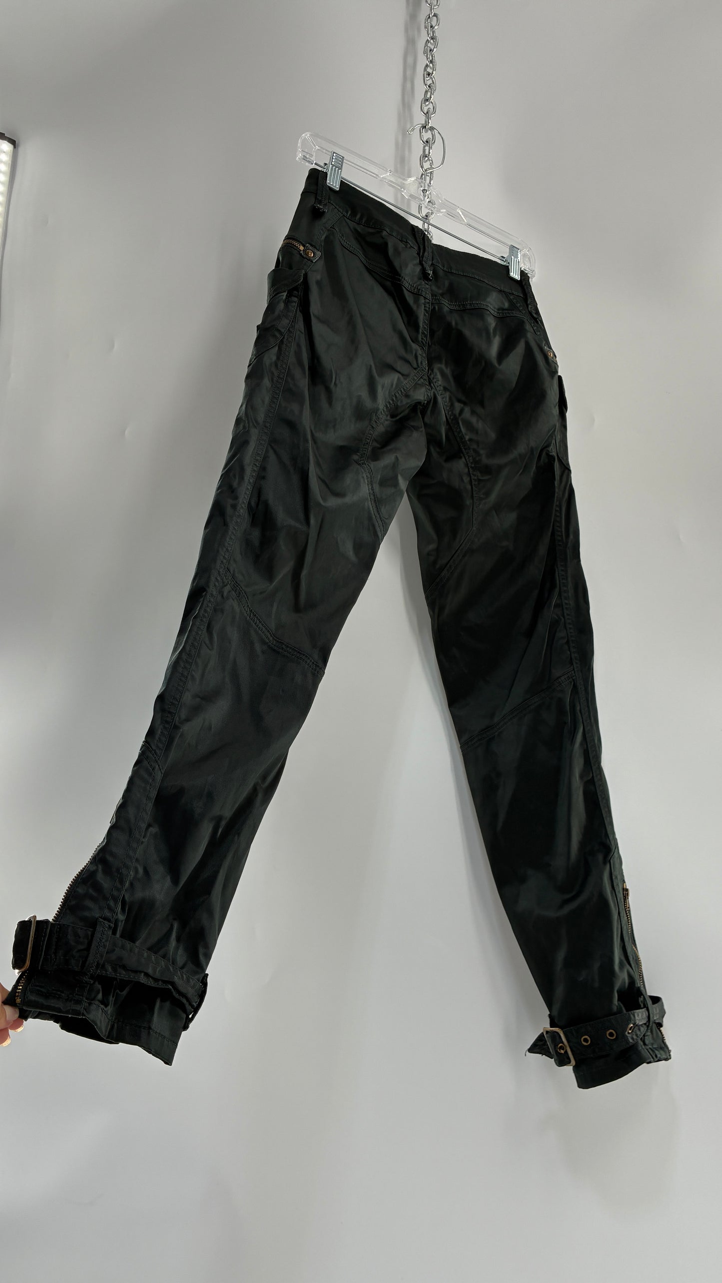 Vintage SUPERSTAR Shiny Low Rise Black Cargos with Heavy Brass Hardware, Zippers and Closure (36)