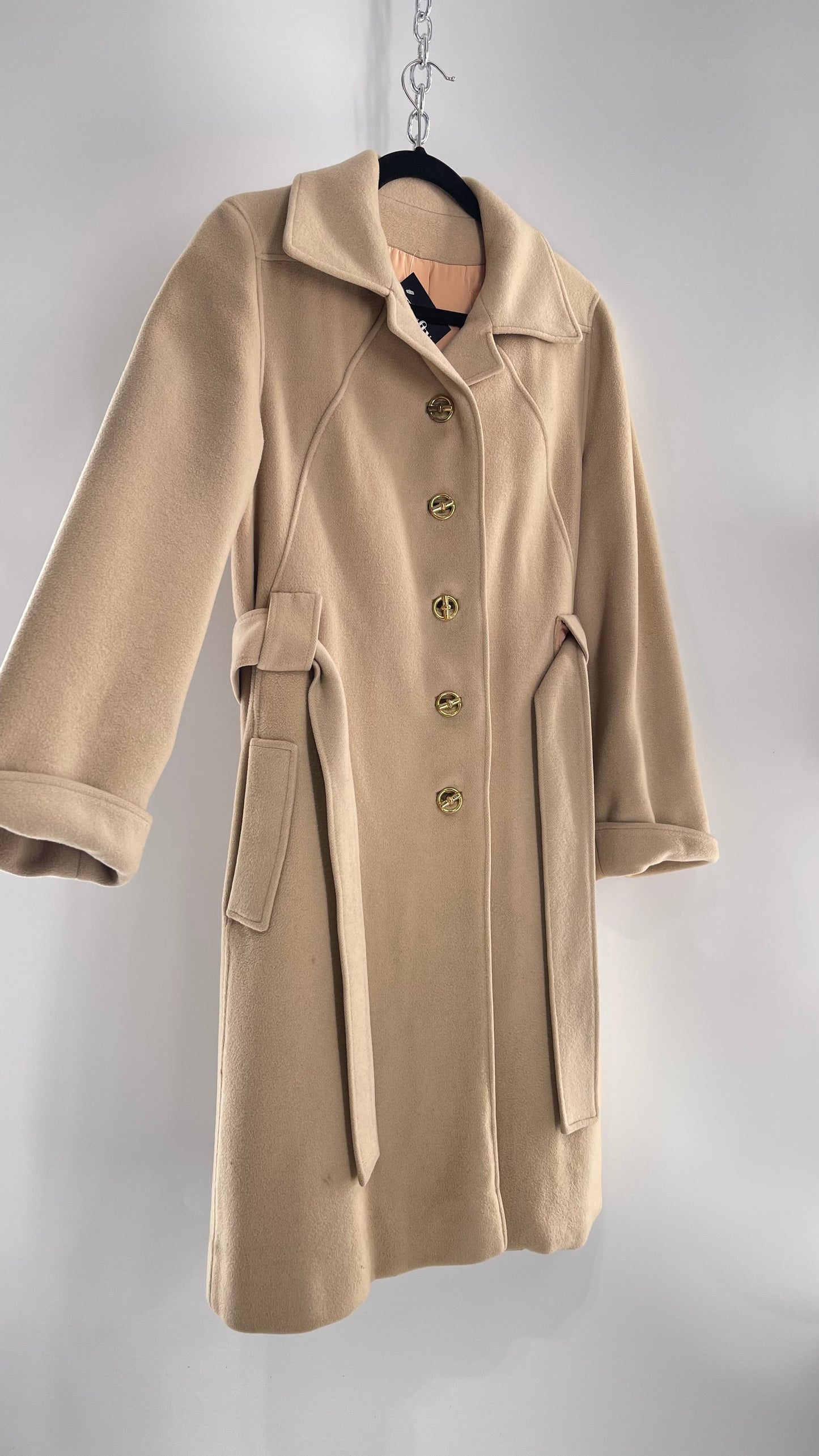 Vintage 100% Amicale Cashmere Beige Cream Coat with Apricot Satin Lining (C) (S/M)