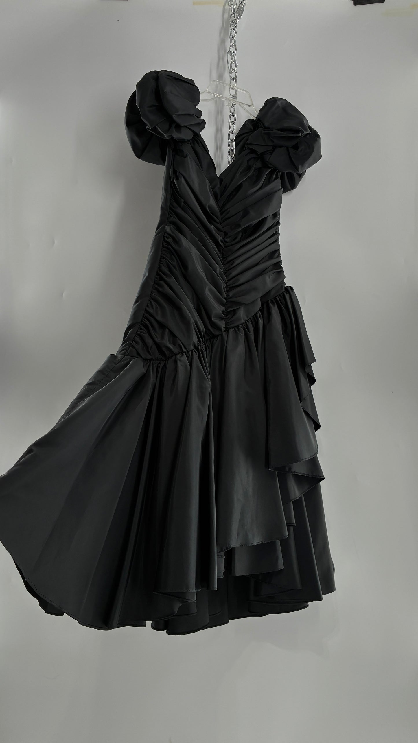 Vintage 1980s Black Gown with Ruched Bodice, Exaggerated Puff Sleeves, and Tiered Skirt (Measured)