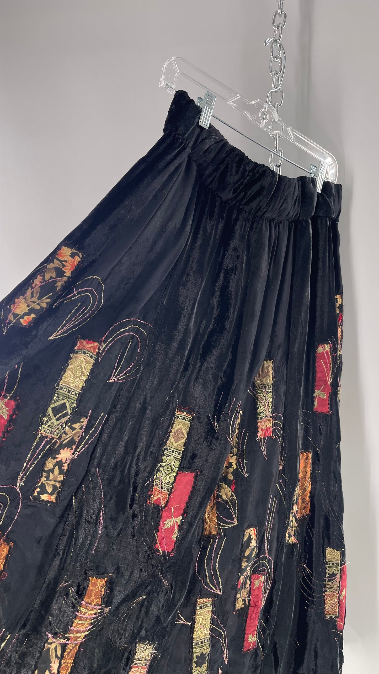 Vintage Black Velvet and Embossed Florals Patchwork Skirt with Metallic Stitch Detailing with Lining and Thick Waistline (M)