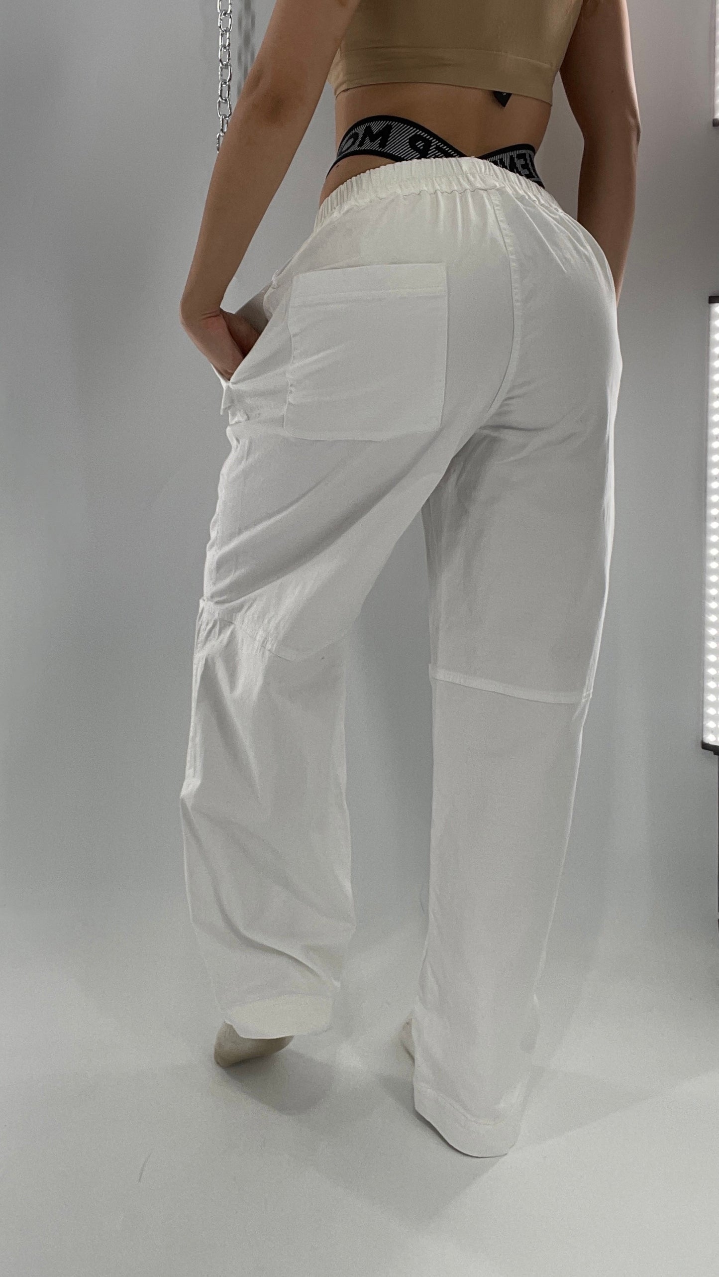 Free People Movement White Carpenter Pant with Branded Double Waistband (Large)