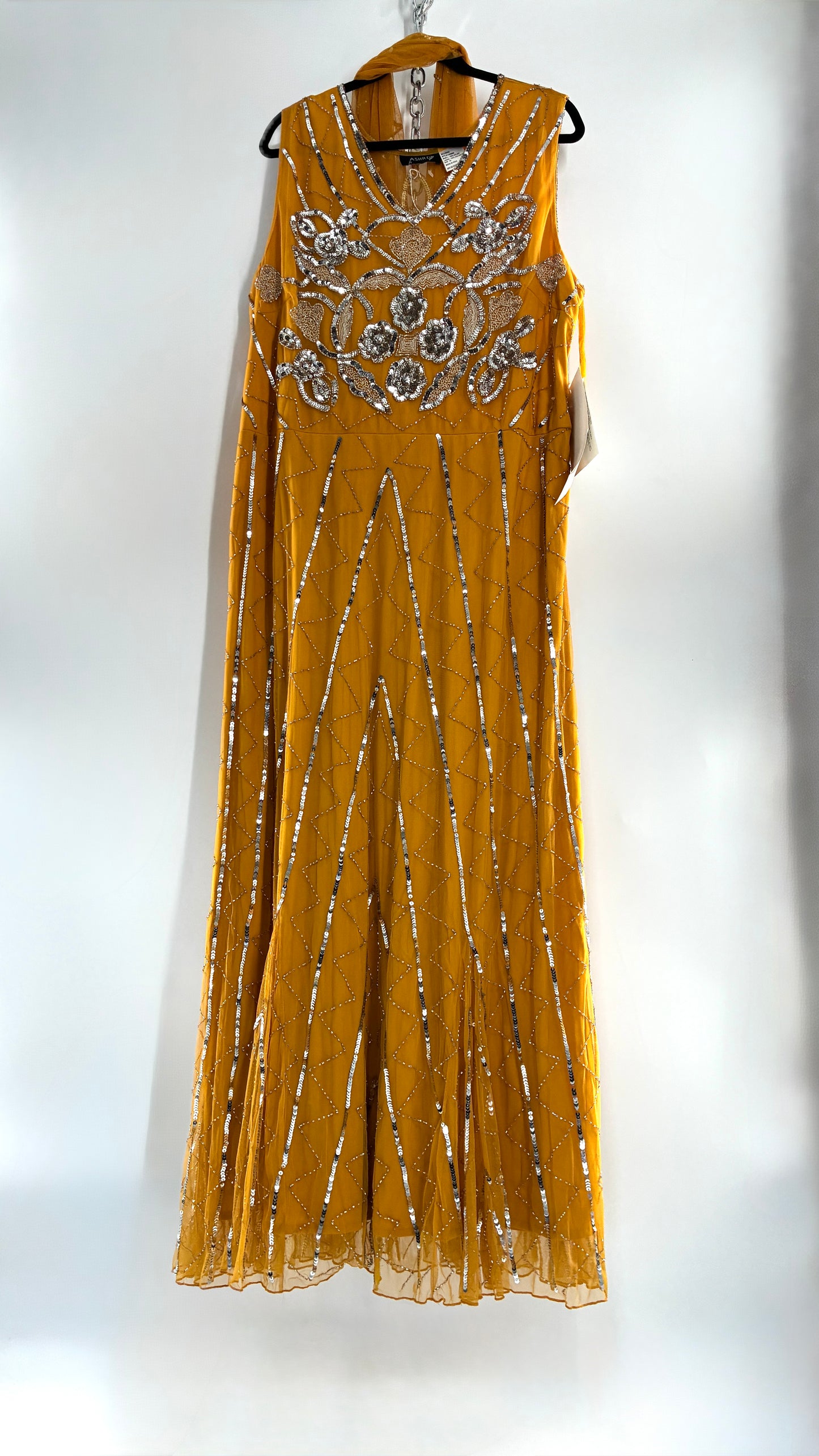 Deadstock Vintage ASHRO 1990s Mustard Yellow Dress with Sheer Back, Neck Scarf and Silver Beading (XXL)