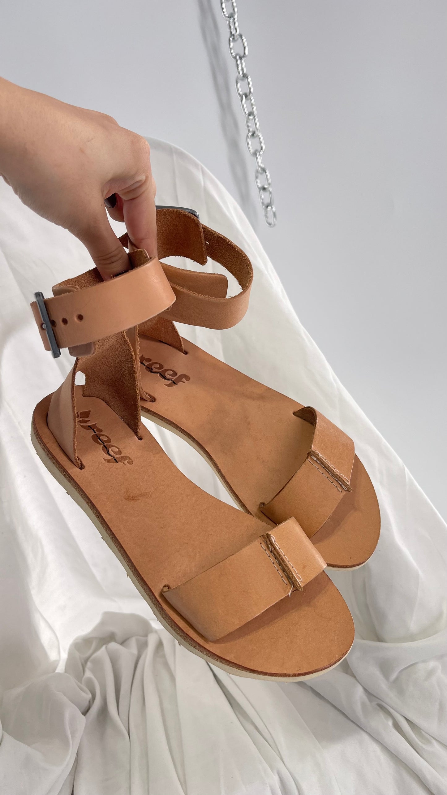 Free People Reef Light Nude / Tan Leather Sandals with Thick Ankle Strapped Buckle (6)