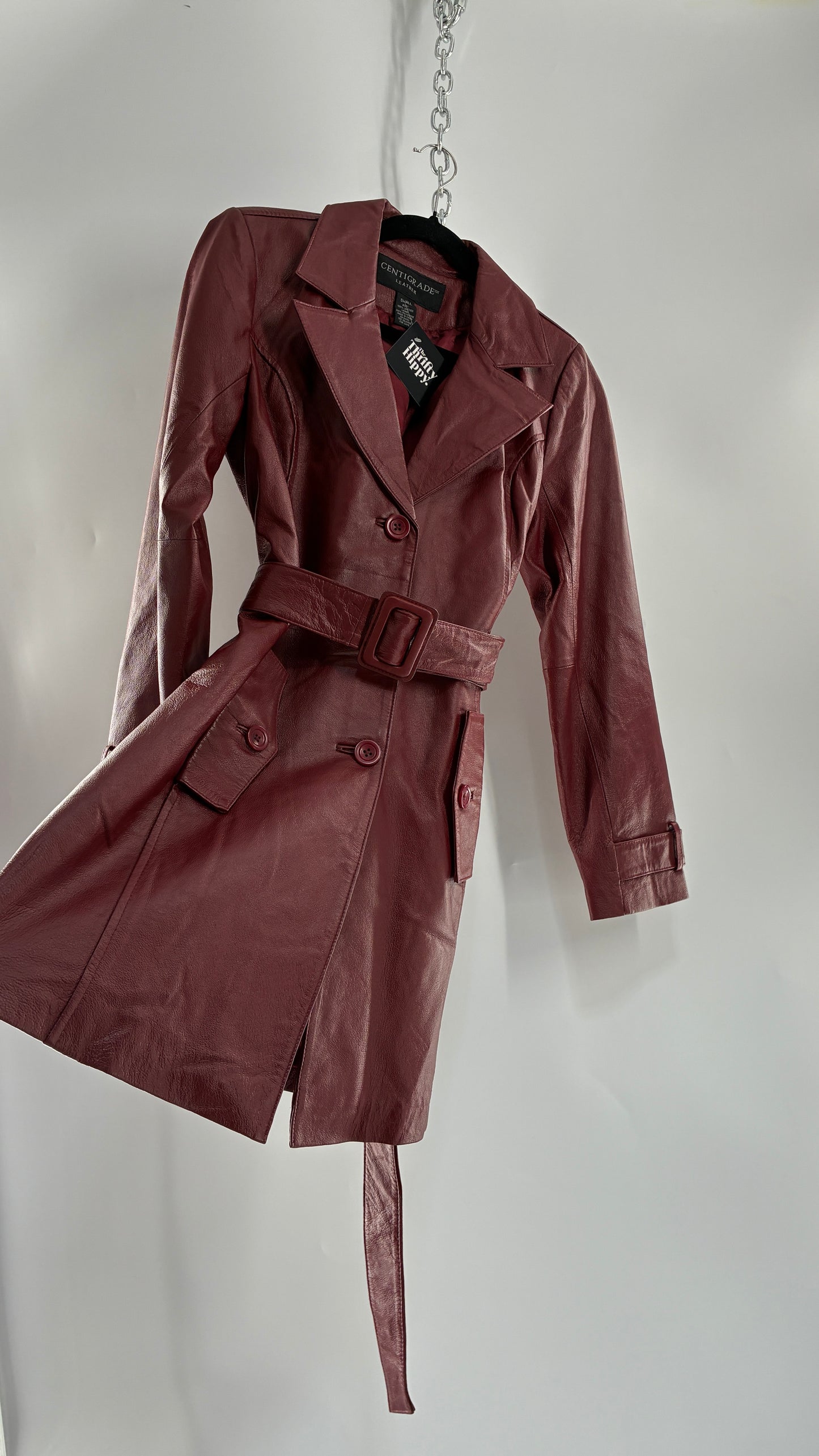 Vintage 1990s CENTIGRADE Red Crimson Genuine Leather Trench Coat (Small)