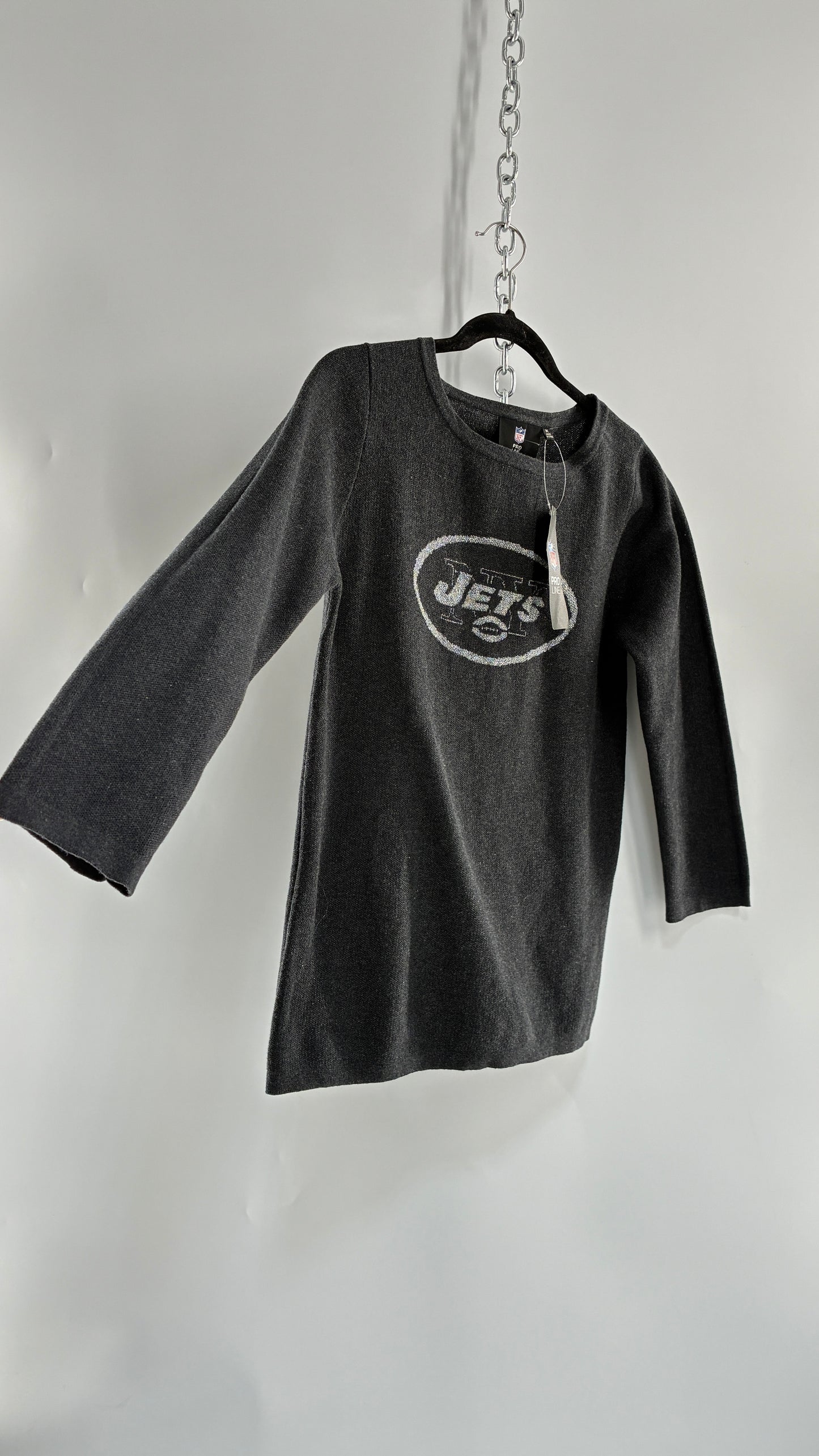 Deadstock Vintage 1990s New York JETS Grey Silver Tinsel NFL Knit Crewneck (Medium)