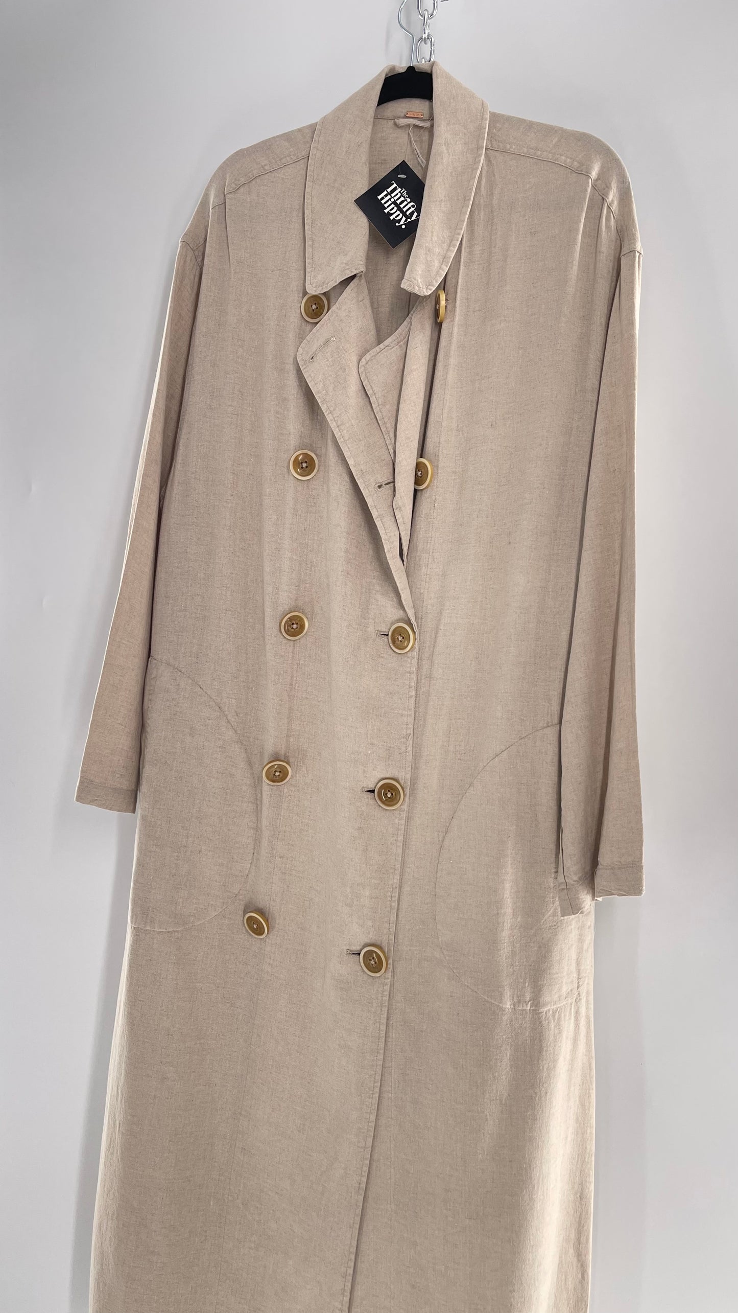 Free People Double Breasted Beige Linen Trench Coat with Brown Buttons and Tags Attached