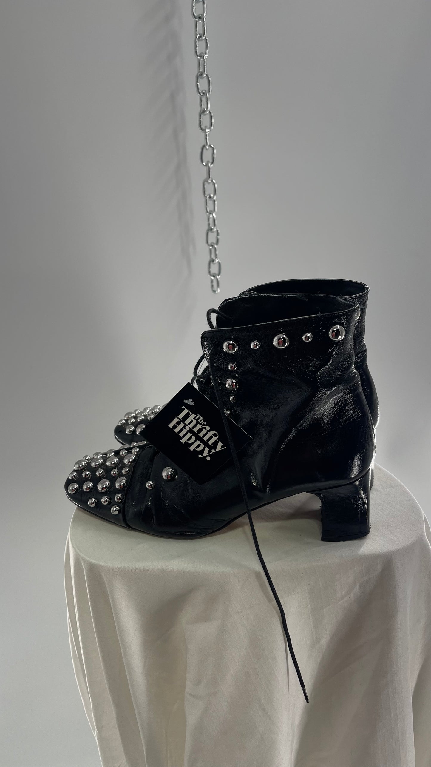 ZARA COLLECTION Worn Dramatic Studded Heeled Combat Boots (40)