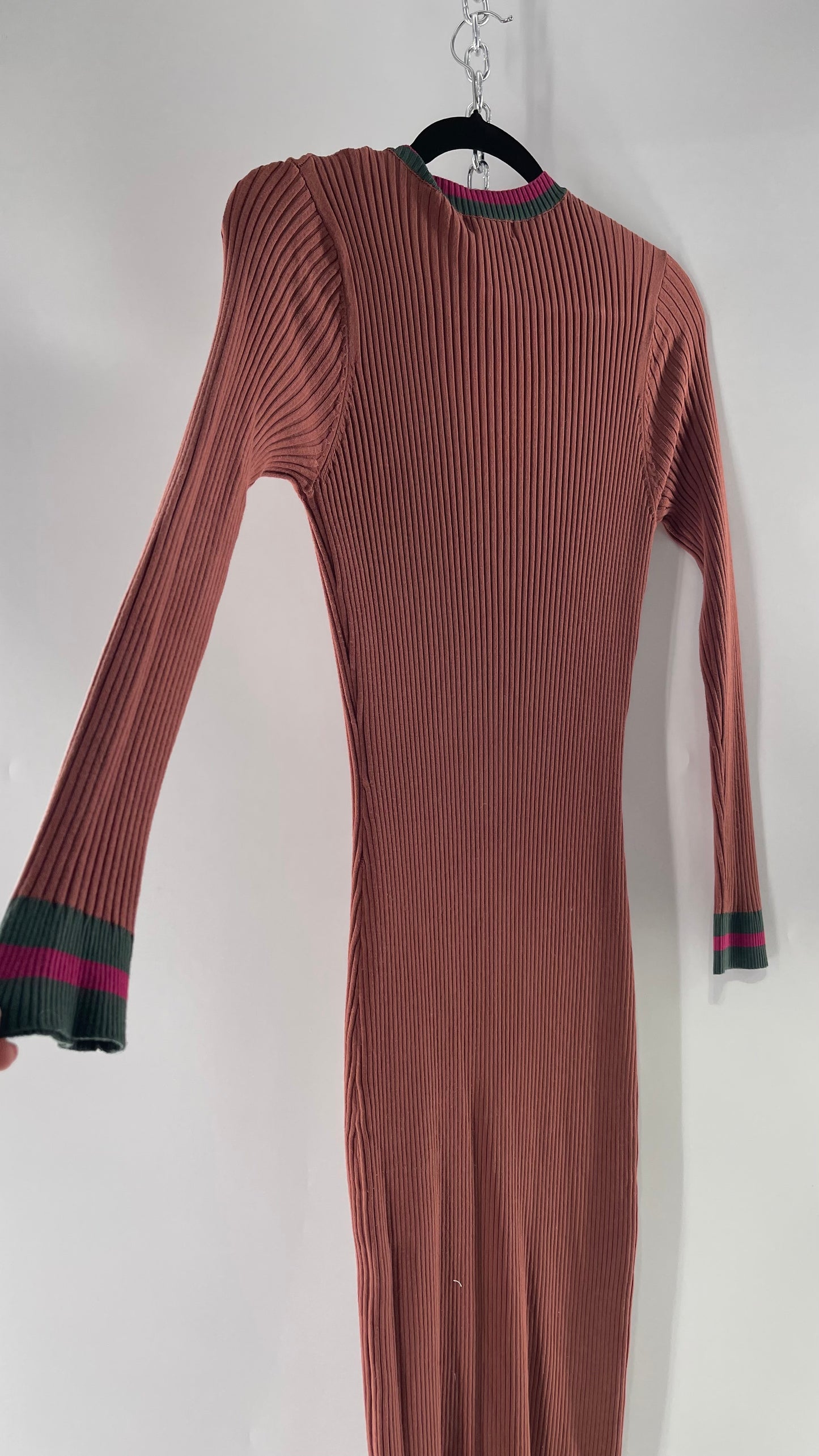 Current Air Los Angeles Brown Ribbed Knit Long Sleeve Button Front Dress with Fuchsia and Forest Green Striping (XS)