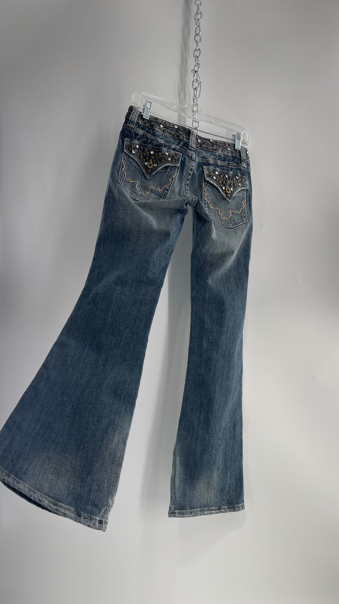 Vintage Miss Me Grainy Stone Wash Kick Flares with Studded Low Waist and Back Pockets (26)