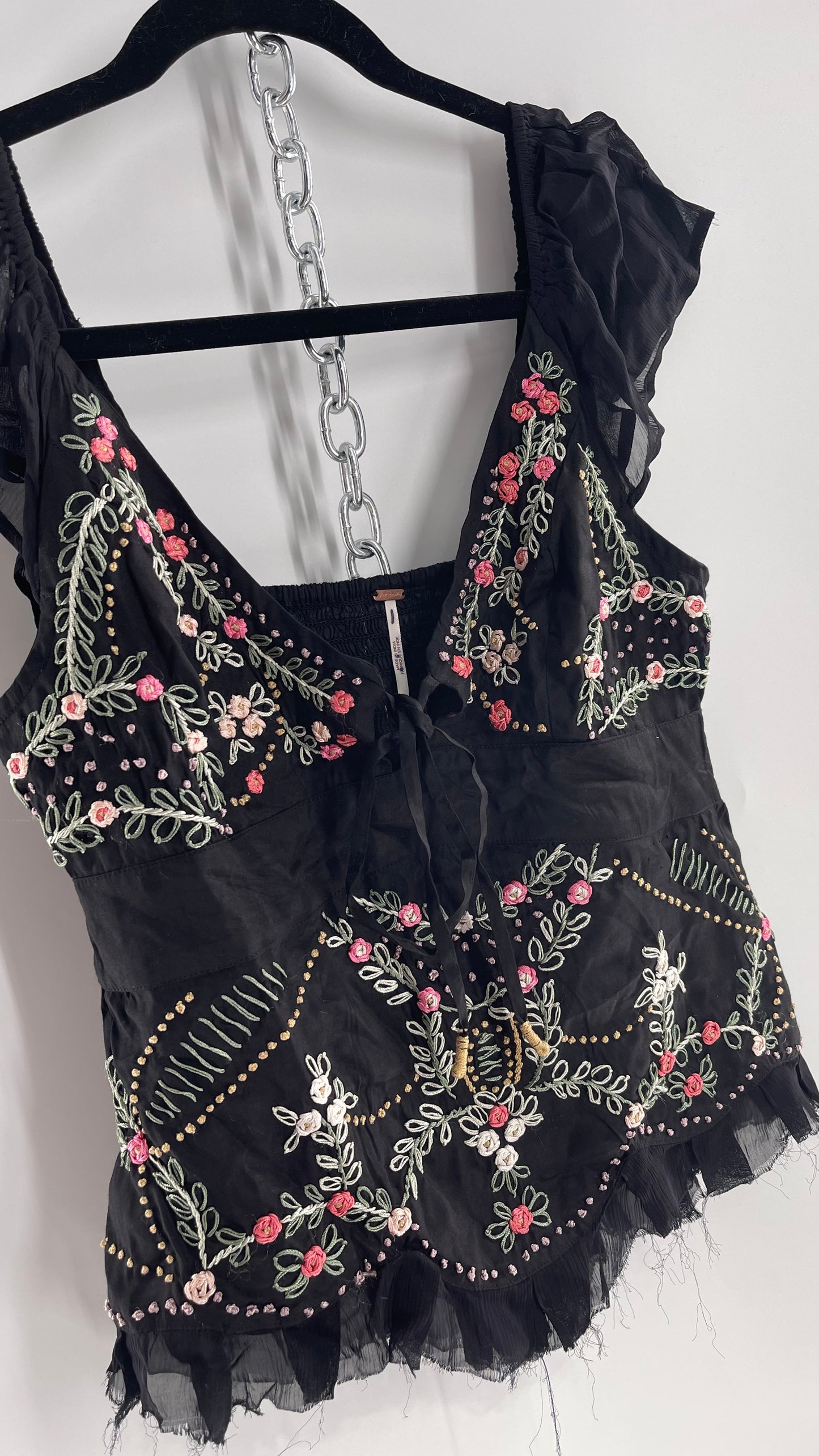 Free People Black Embroidered Tunic Blouse (XS)