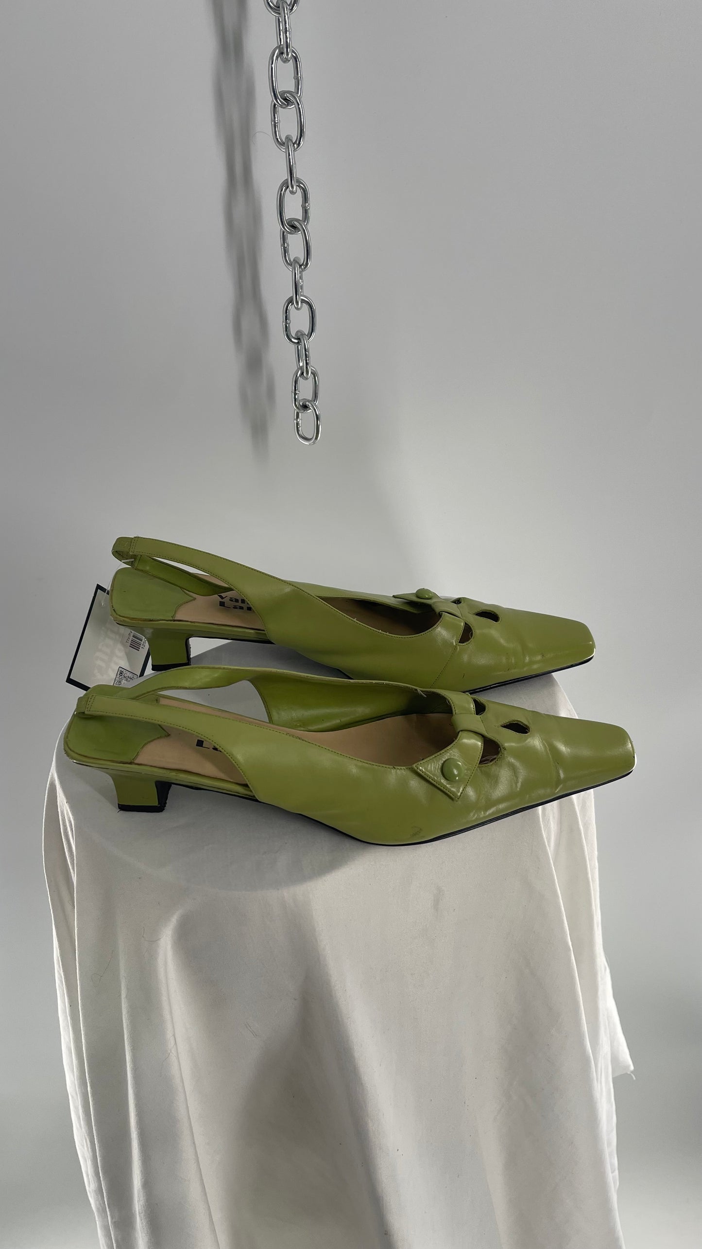 Vintage Valley Lane Abstract Avacado Green Pointed Toe, Square Heel Slingbacks (11)