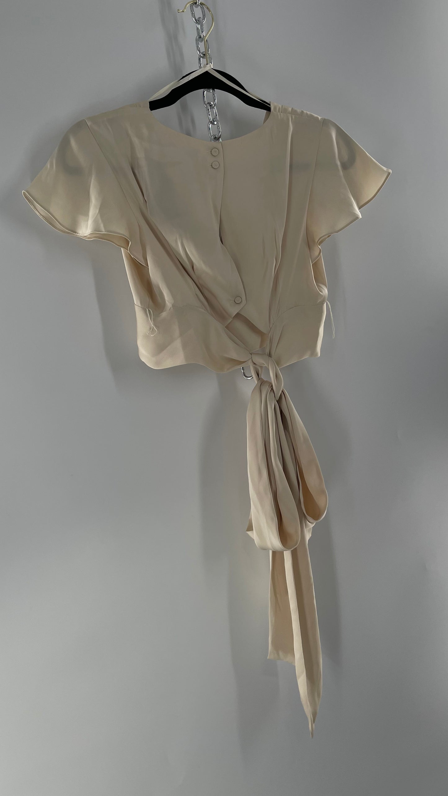 BCBGMAXAZRIA Off White Ivory Satin Tie Around Waist Cropped Blouse with Button Back and Tags Attached (XXS)