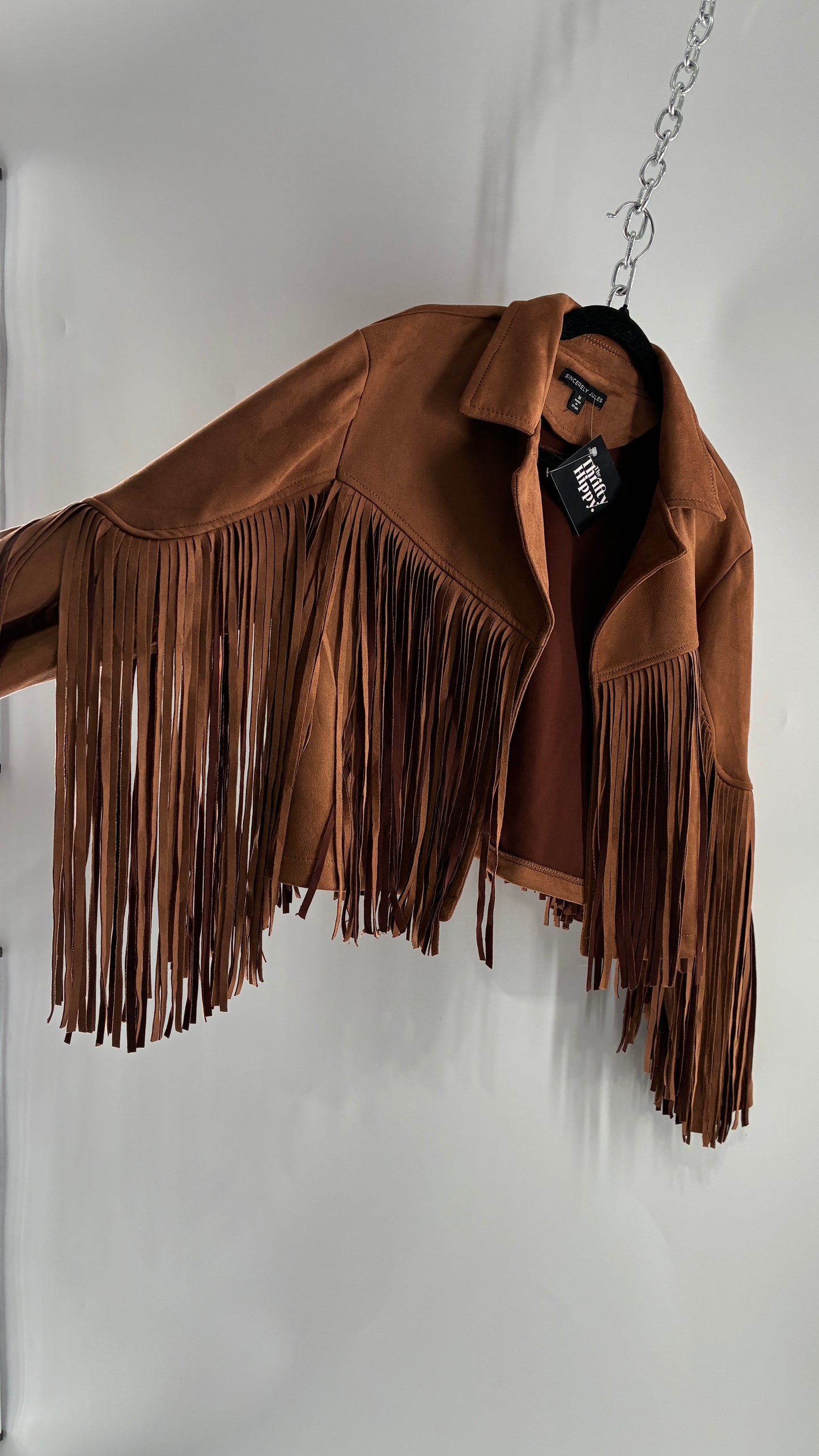 SINCERELY JULES Brown Vegan Suede Cropped Fringe Jacket (Medium)
