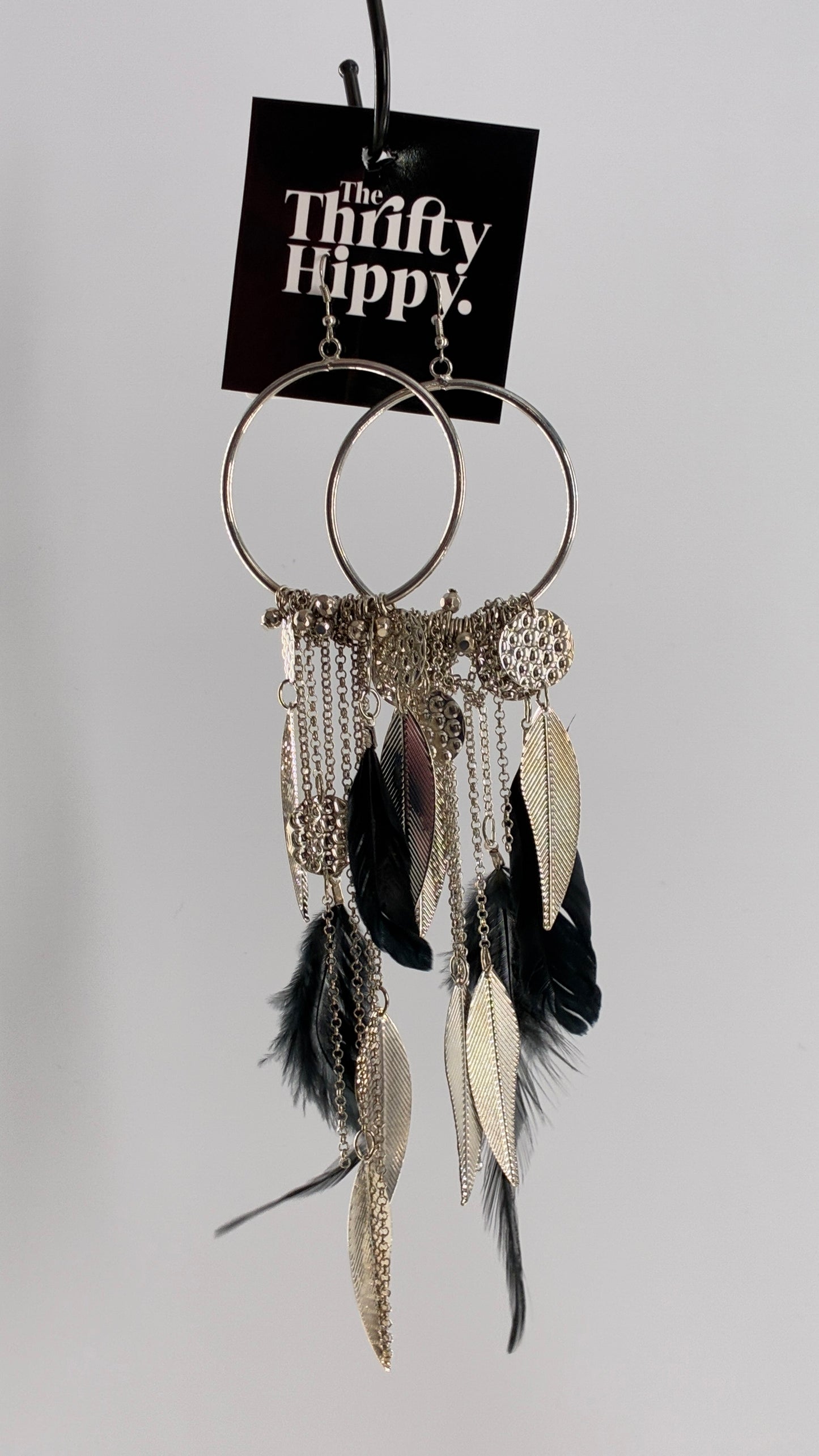 Vintage Hoop Earring with Chains, Feathers and Silver Metal Coins