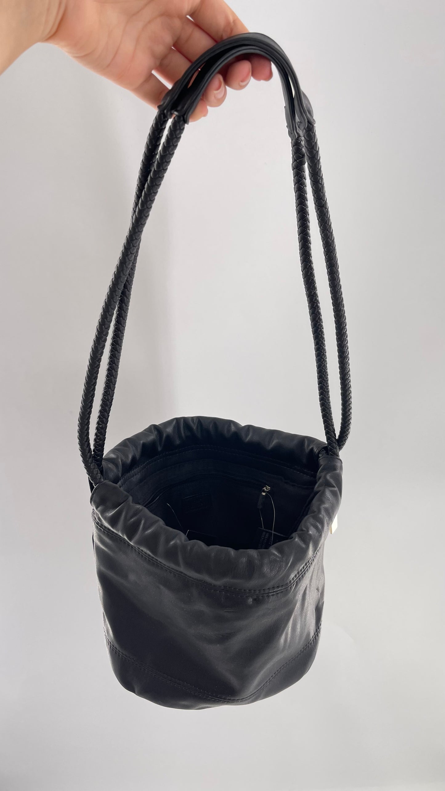 Urban Outfitters Black Adjustable Bucket Tank Vegan Leather Bag with Braided Handles