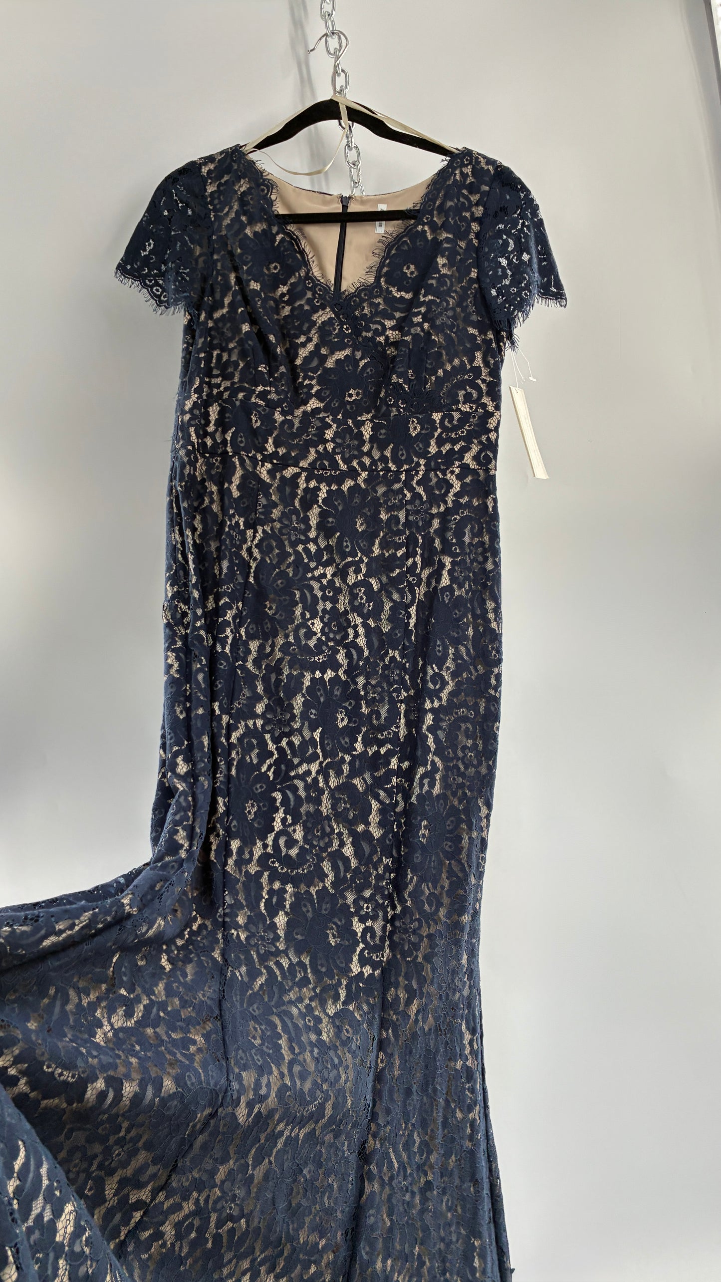 Deadstock Vintage ELIZA J Navy Blue Overlay Lace Full Length Mermaid Style Gown (8)