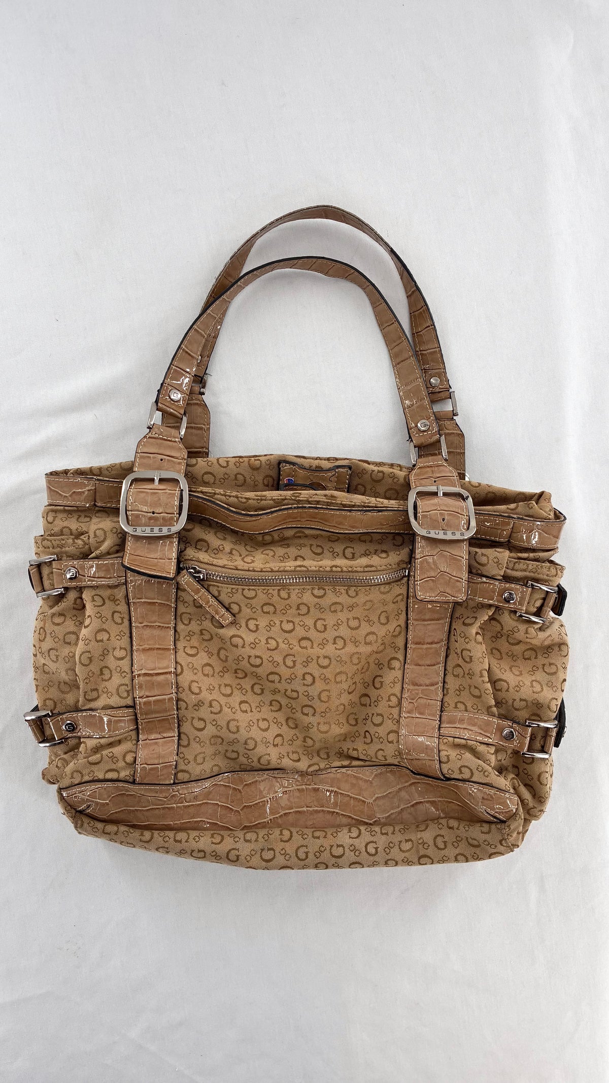 Vintage Guess Tan Monogram Shoulder Bag With Croc-Embossed Trim