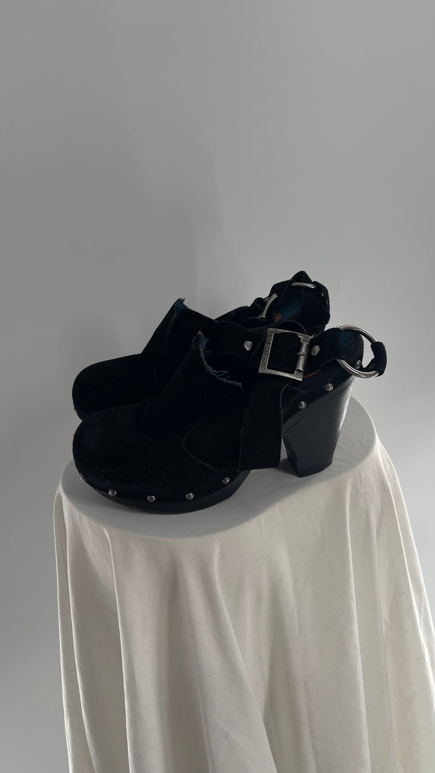 Vintage RocketDOG 1990s Black Suede Leather Studded Clog with Wrap Around Ankle Strap (8.5)