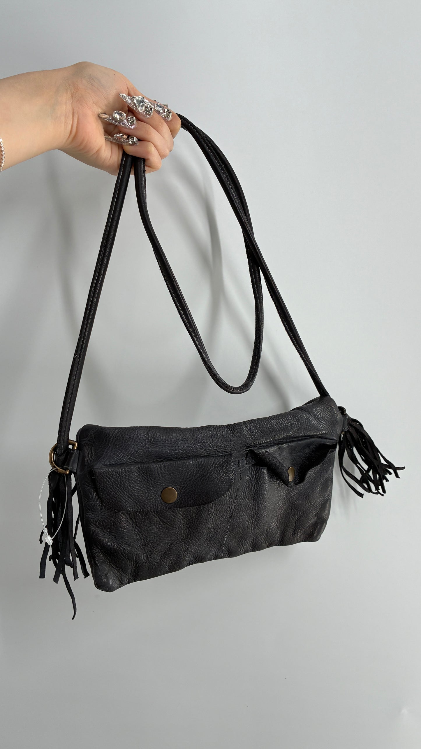 Free People Black Leather Cross Body Fringe Tassel Pouch Pocket Purse
