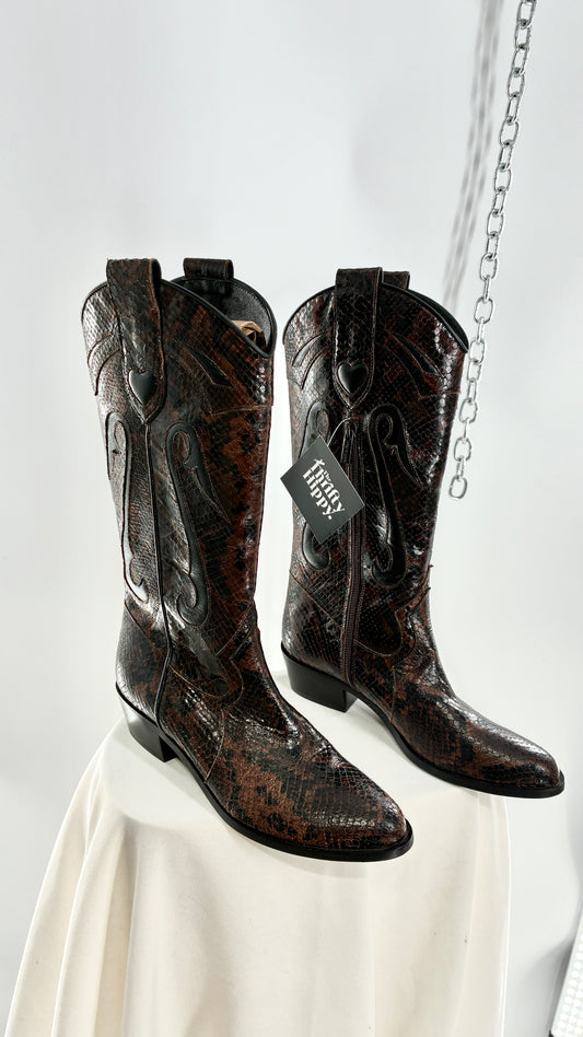 Vintage LABLANC Snakeskin Cowboy Boots with Hearts Made in Italy (36)