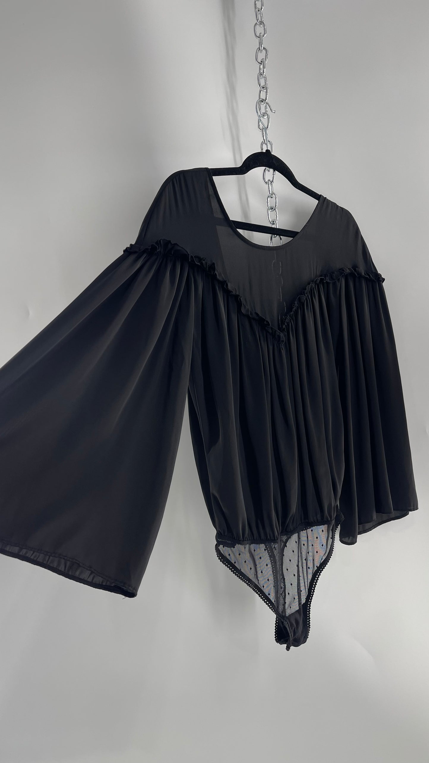 Free People Black Silky Ruffled Sweetheart Neckline Detail with Pleated Bodice and Open Back (XS)