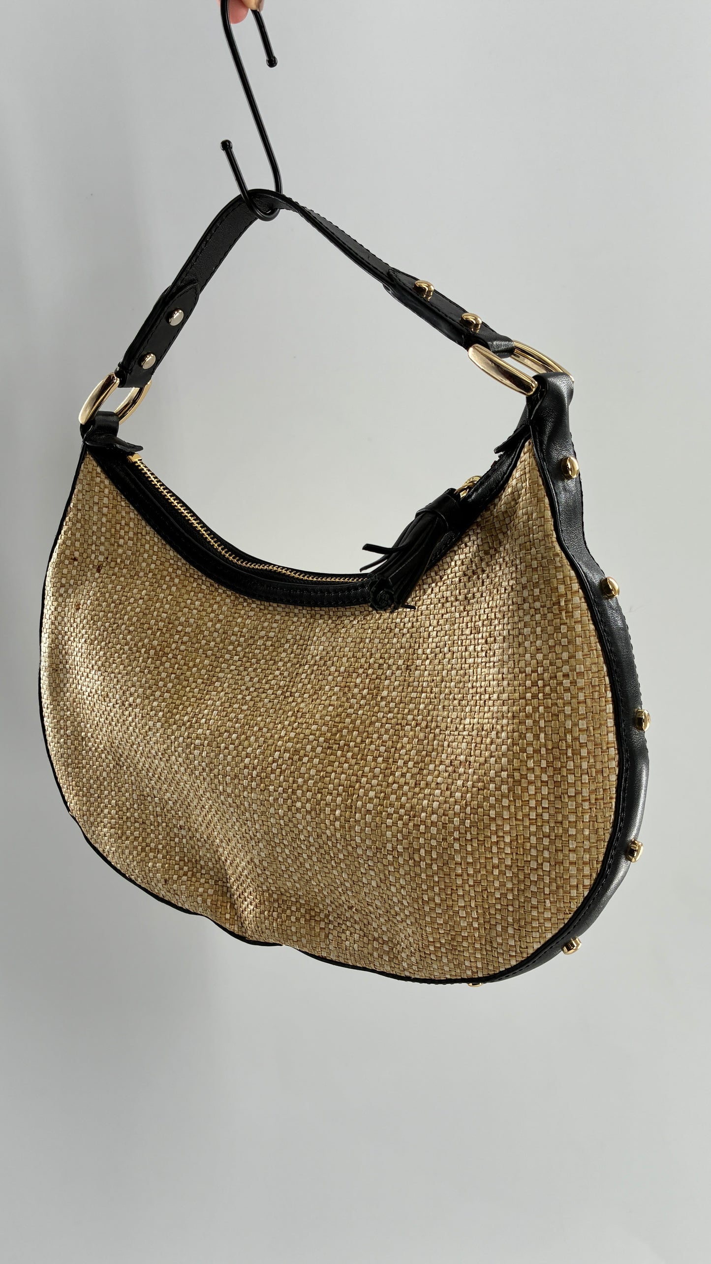 Vintage COLE HAAN Straw Shoulder Purse with Black Leather, Gold Studded Trim