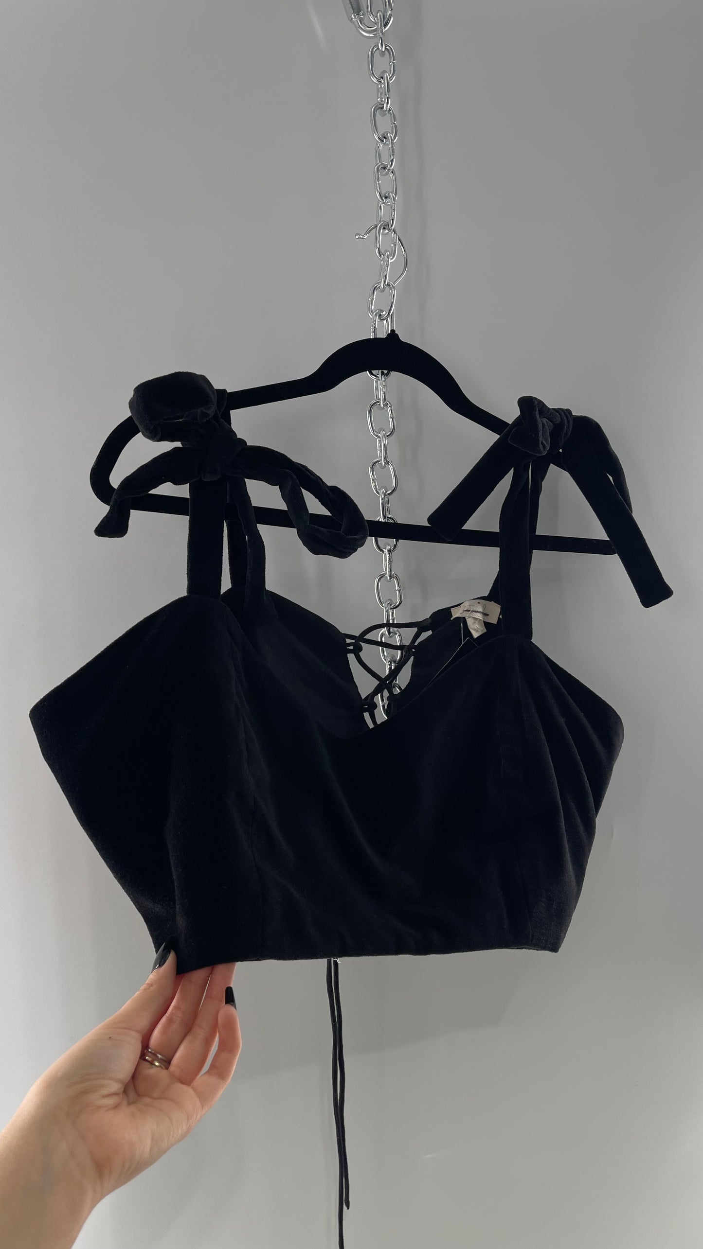 Letmebe Anthropologie  Black Velvet Cropped Tank with Delicate, Romantic Tie Shoulders and Lace Up Back (XL)