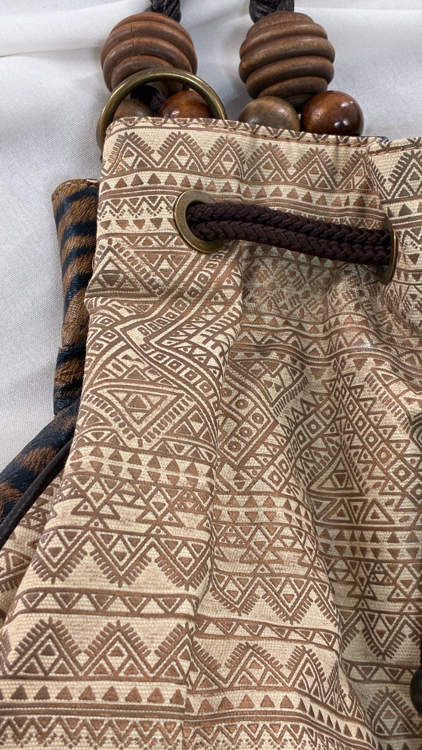 Vintage Oversized Animal Print Slouchy Bag with Braided Leather Strap and Beaded Details