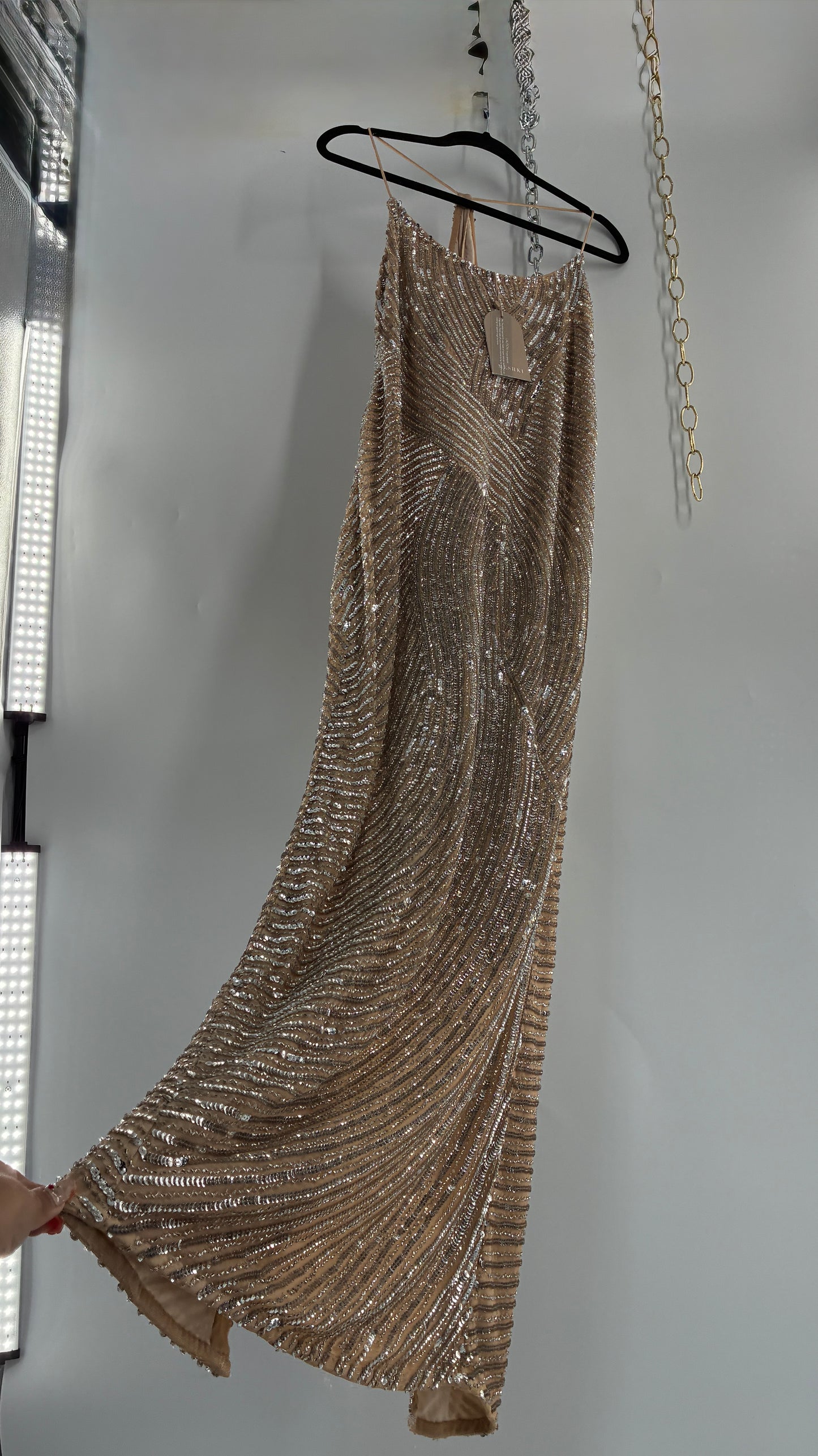 MESHKI Tierra Nude Full Length Dress with Silver Sequins with Tags Attached (XXXL)