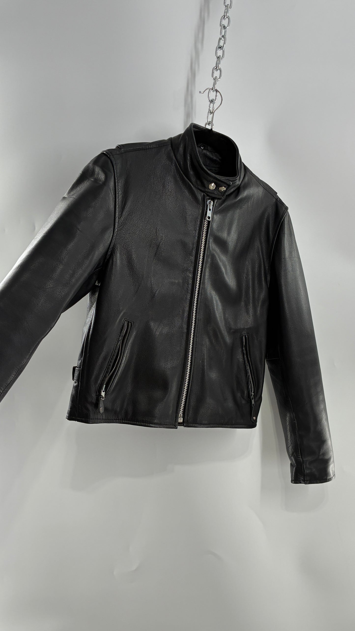 Vintage DOC’s Black Thick Leather Jacket with Removable Quilted Lining, Zippered Sides and Heavy Metal Details (Medium)