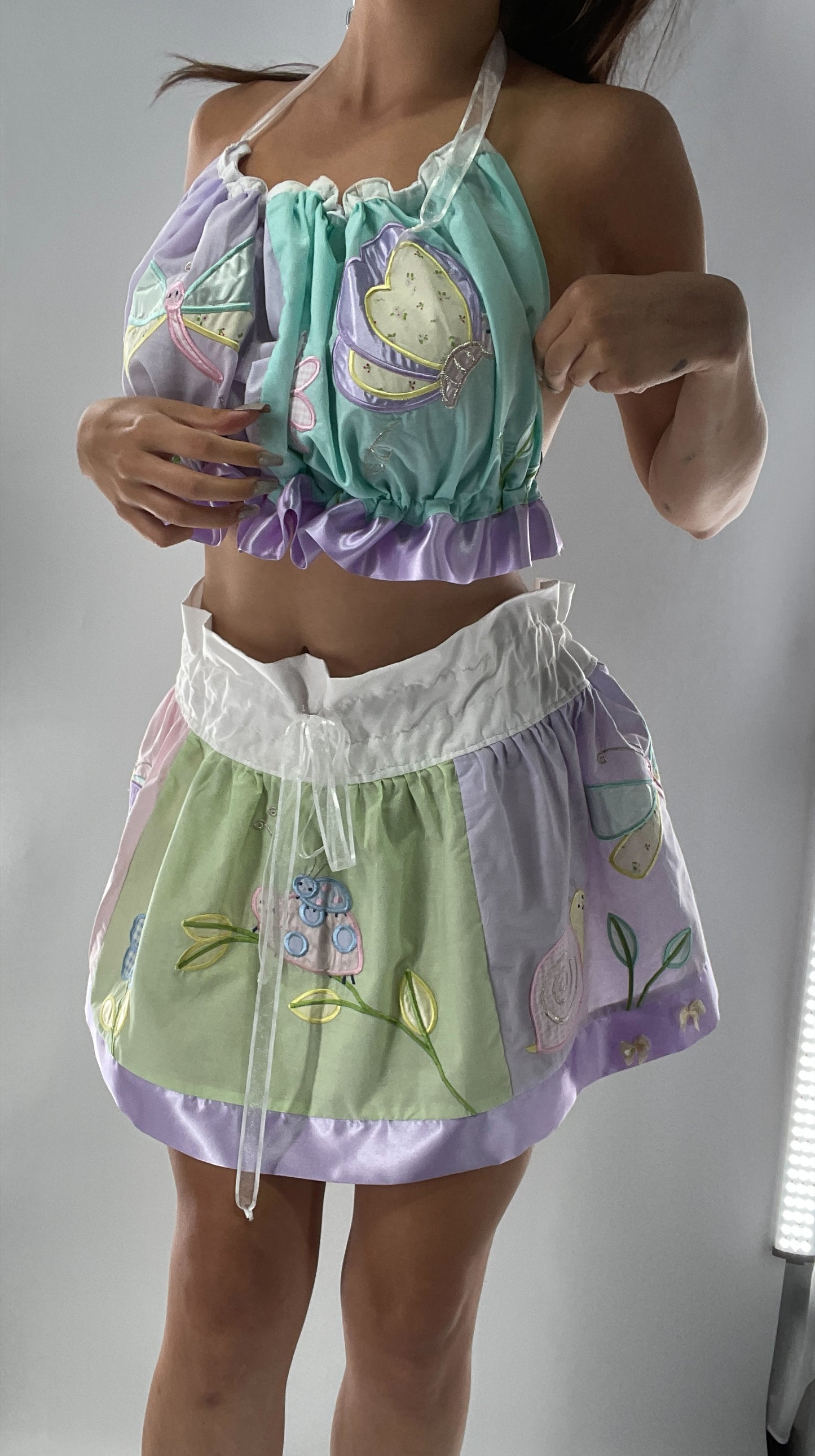 Vintage Custom 2piece Garden Gal Set Covered in Patchwork Butterflies, Dragonflies, Flowers, Snails and Pastels (One Size Fits Most)