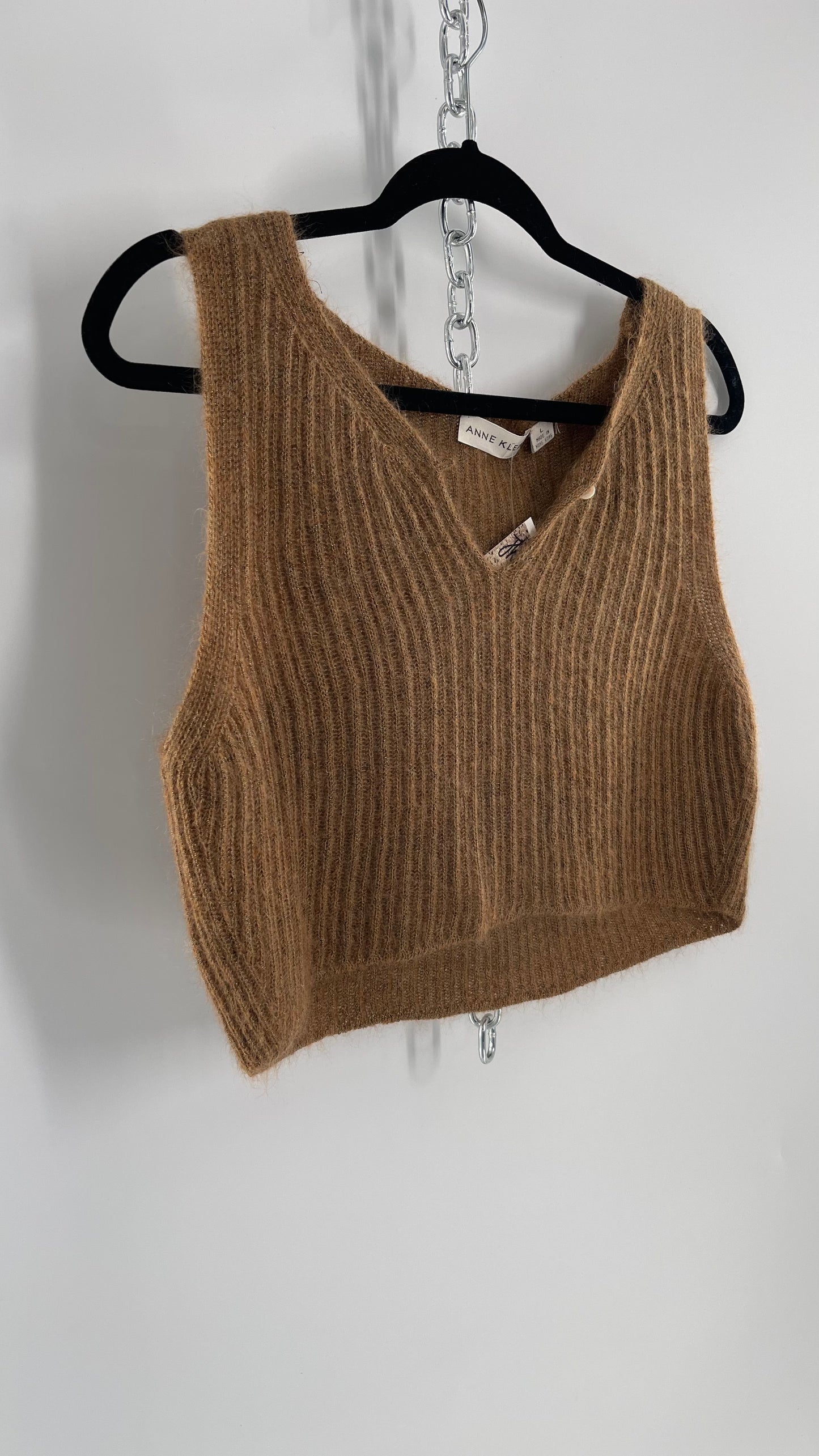 Vintage Anne Klein 42% Mohair Tan Knit Tank with Gold Tinsel (Large)