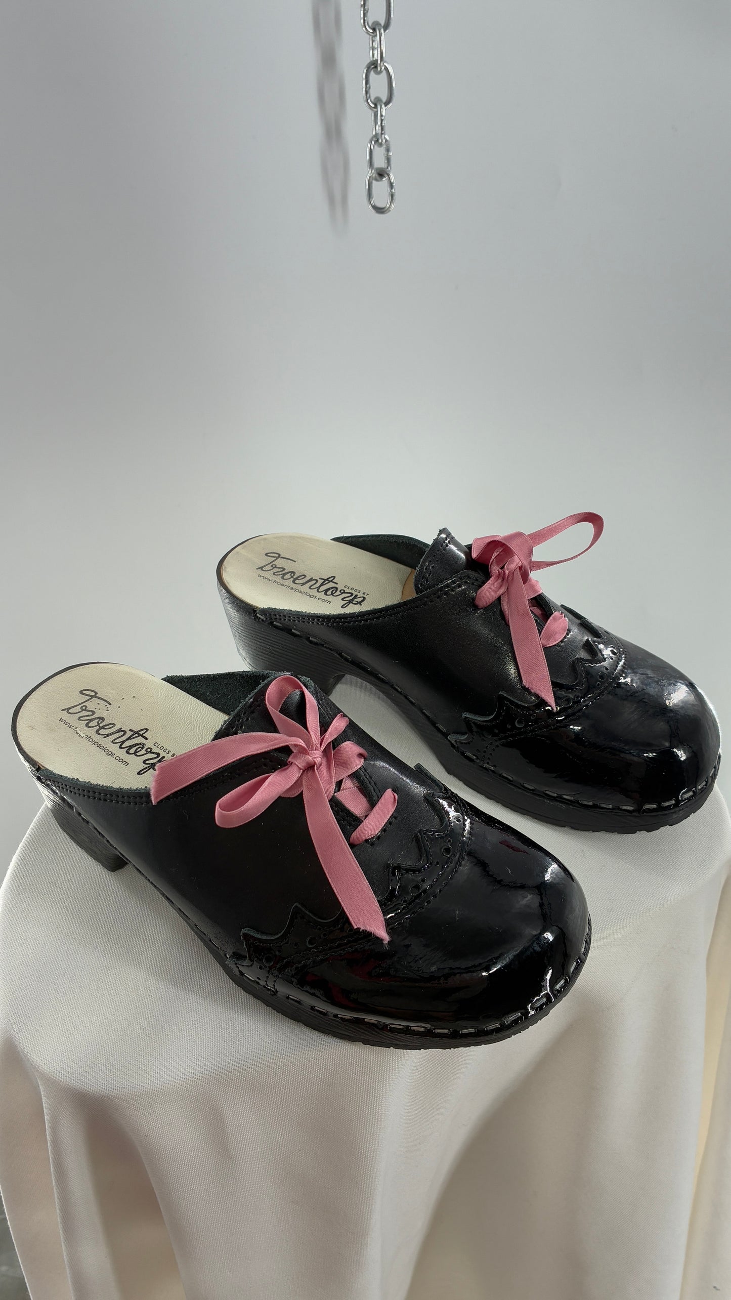 Vintage 1970s TROENTORPS Black Patent Leather Clogs with Ribbon Tie Detail (38)