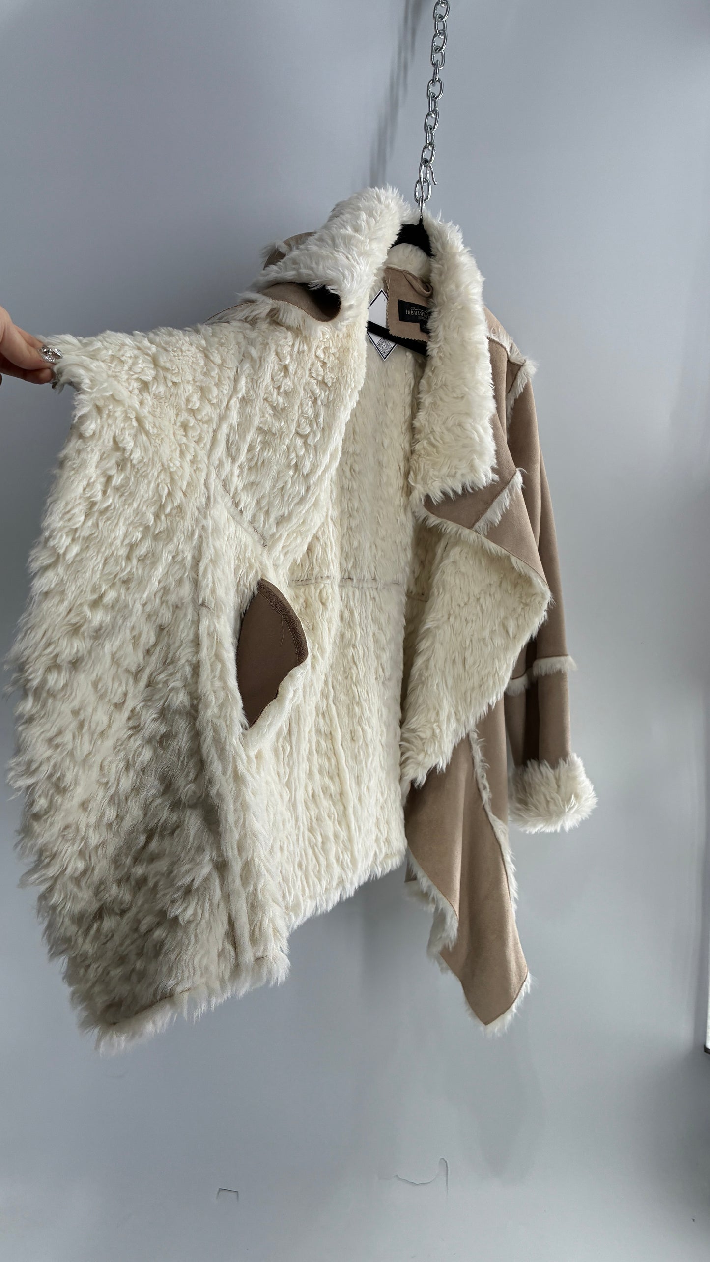 Fabulous Furs Vegan Suede Coat with Faux Fur Piping and Cuffs (Large)