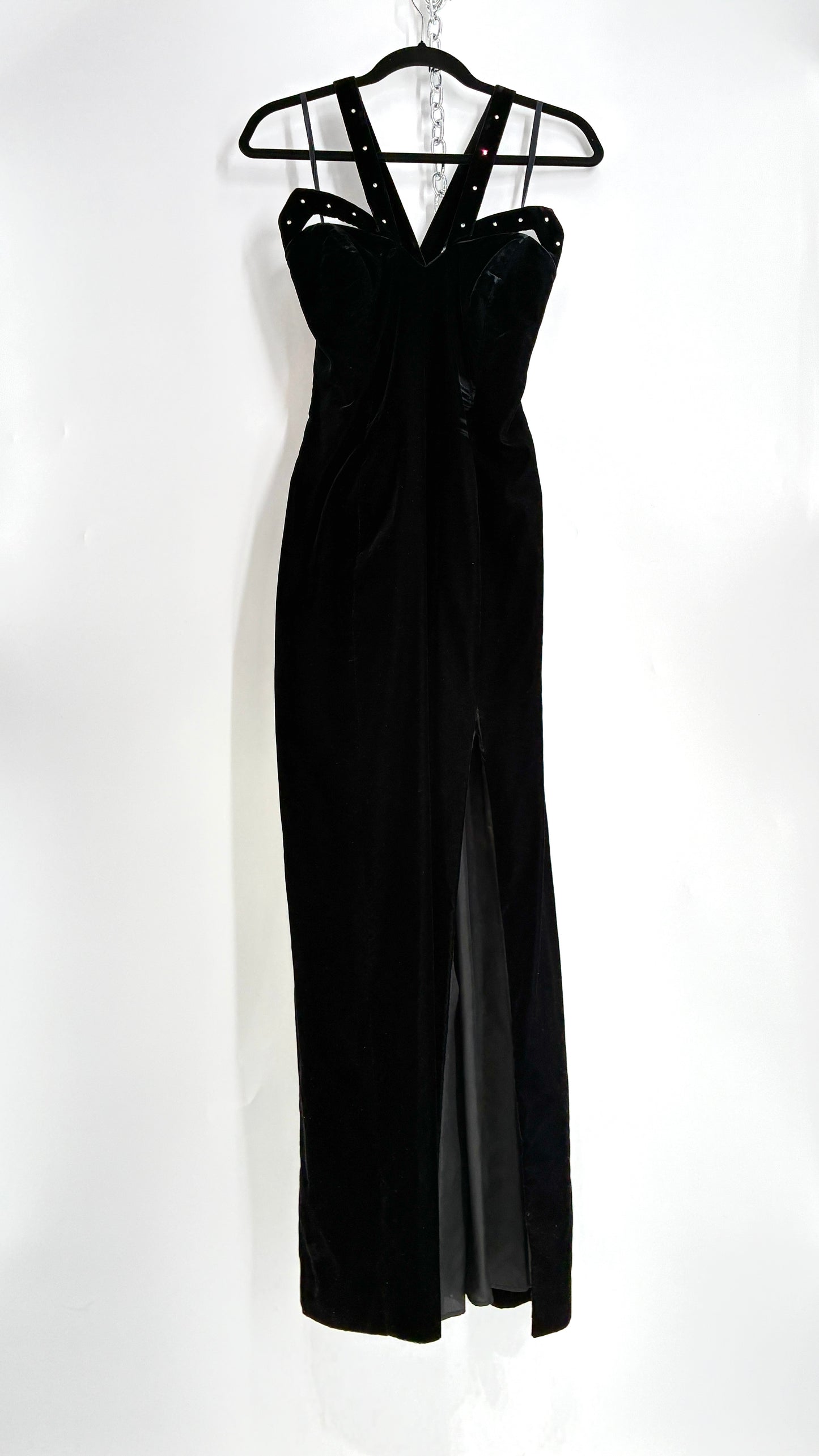 Vintage Handmade Velvet Gown with Pointed Bust Lined in Rhinestones and Dramatic Side Slit (S/M)