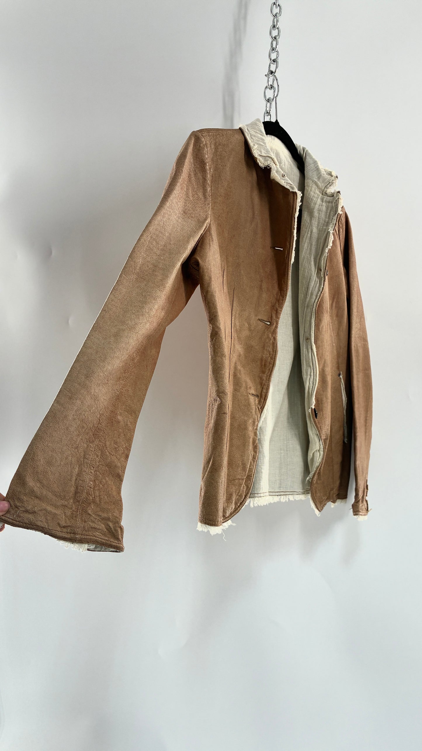 Vintage JAKETT Tan Leather Jacker with Cotton Raw Edge Trim+ Lining and buttoned Cuffs (Medium)