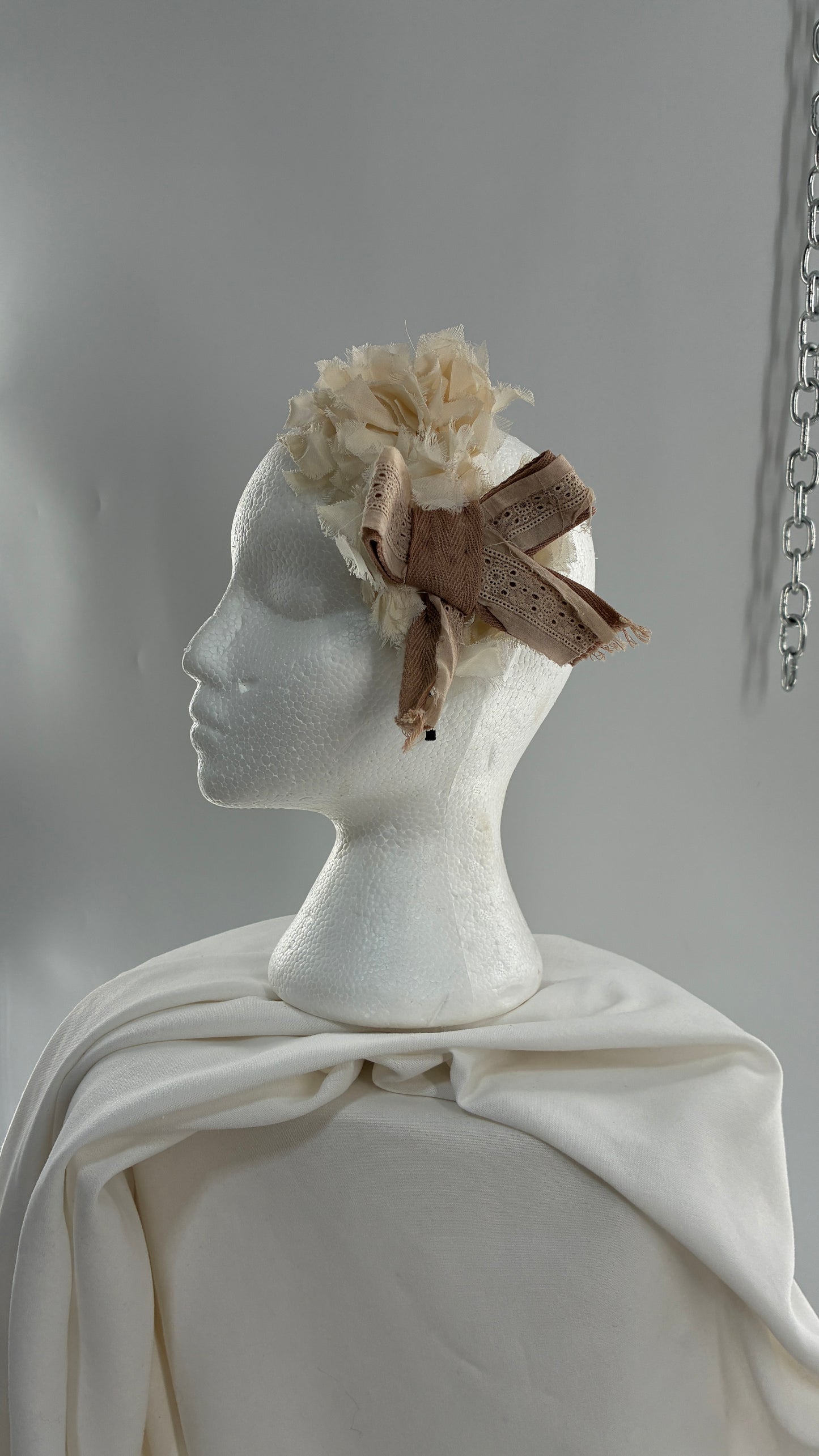 Vintage FARMER Handmade Headband with Ribbon and Flower Appliqués