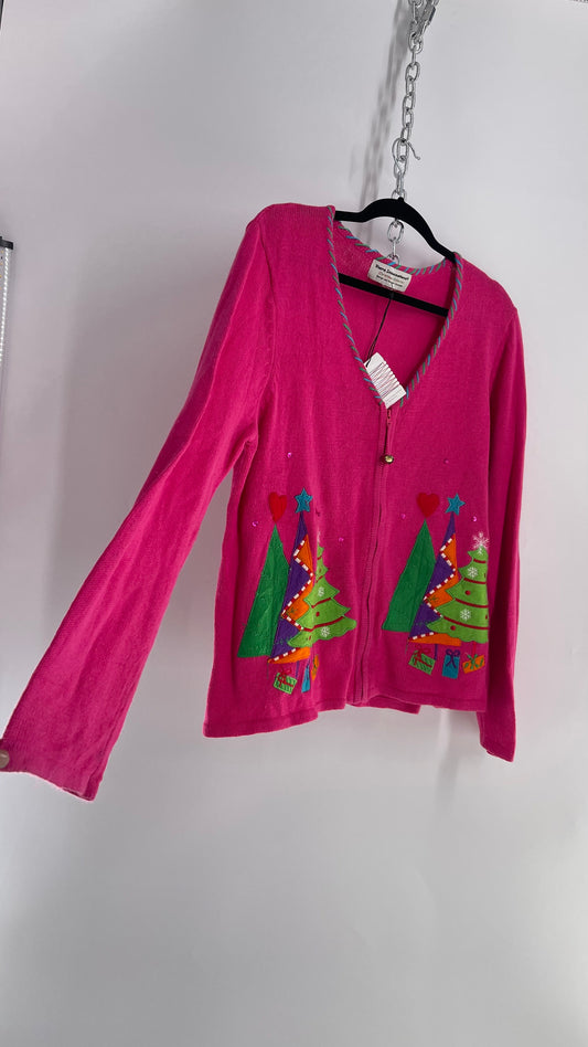 Vintage Urban Outfitters Renewal Pink Patchwork Christmas Tree Zip Front Knit with Tags Attached (Large)