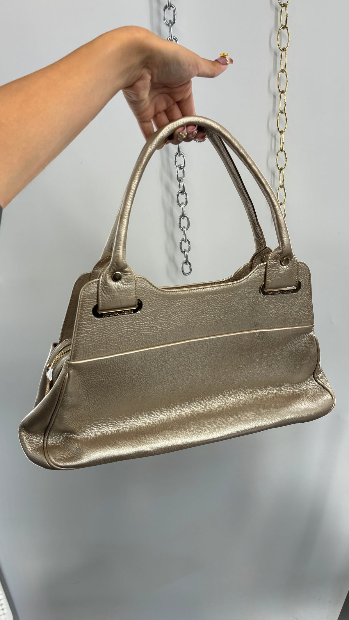 Vintage NOTTINGHILL DESIGNS Westbourne Metallic Champagne Genuine Leather Pocketed Bag with Exaggerated Hardware As Seen on Gossip Girl