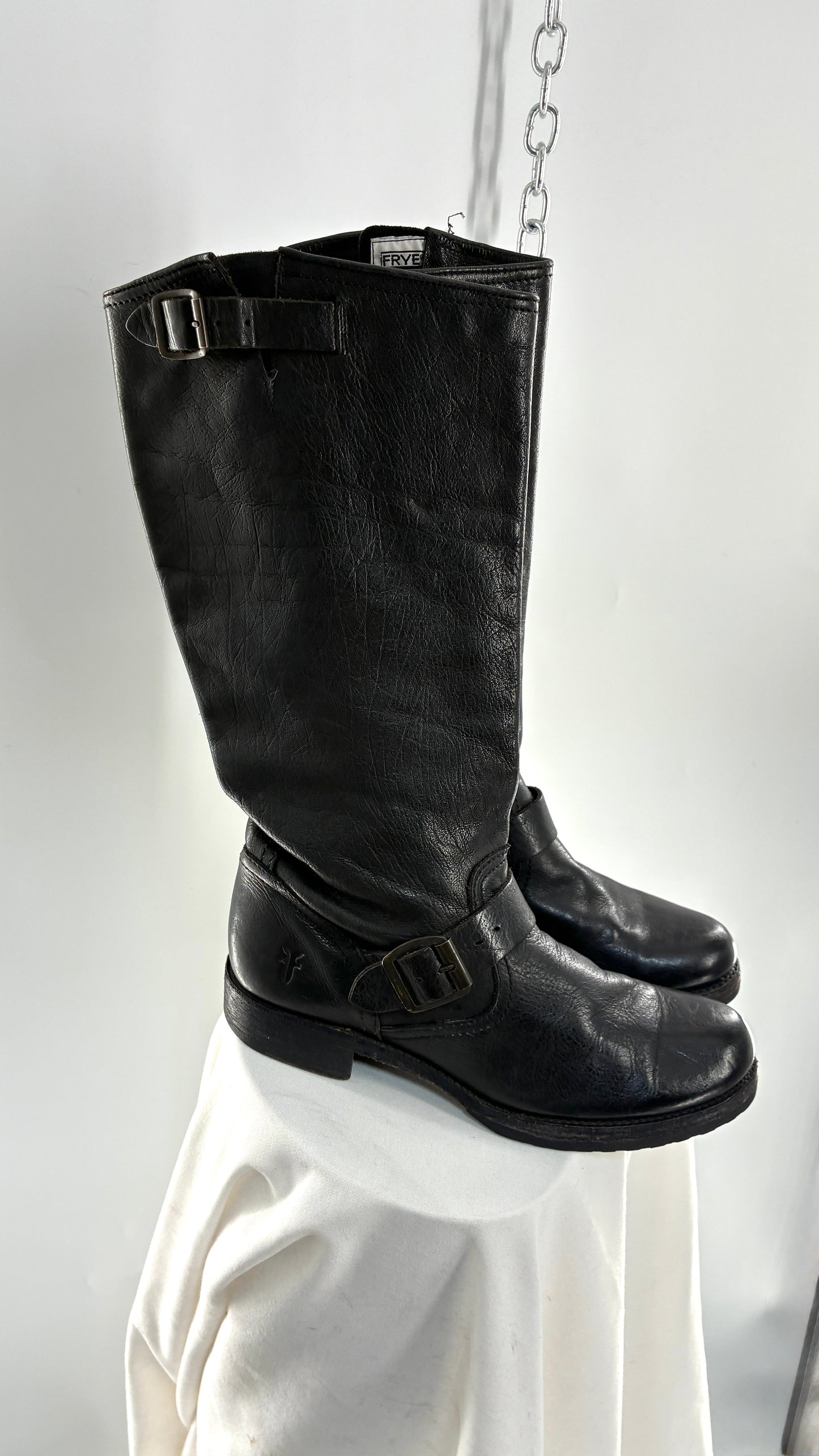 Vintage FRYE Veronica Tumble Shiny Black Leather Slouch Boot (8)