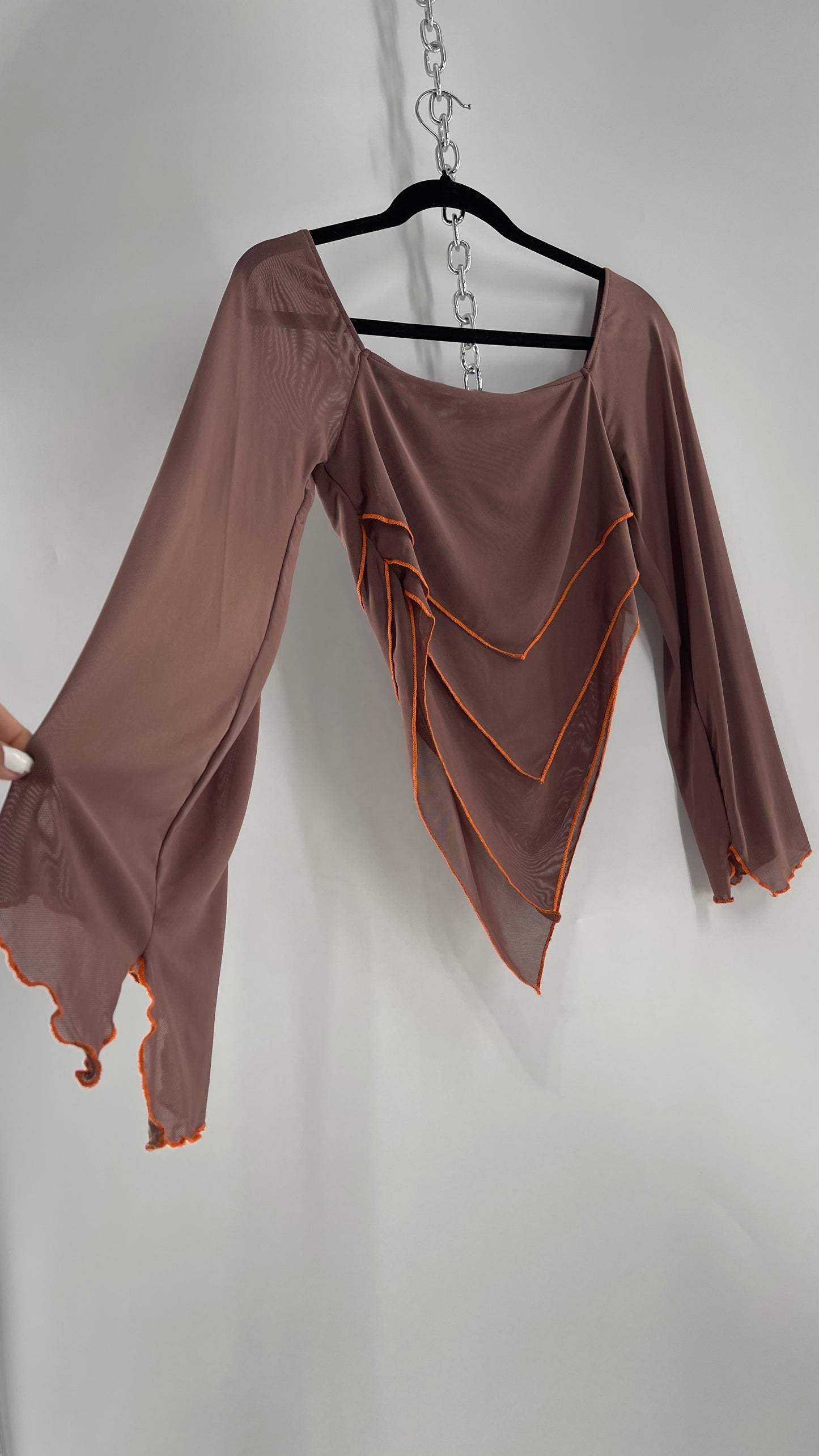 Fashion Nova Brown Mesh Pointed Hem Blouse with Bell Sleeves and Orange Contrast Stitch