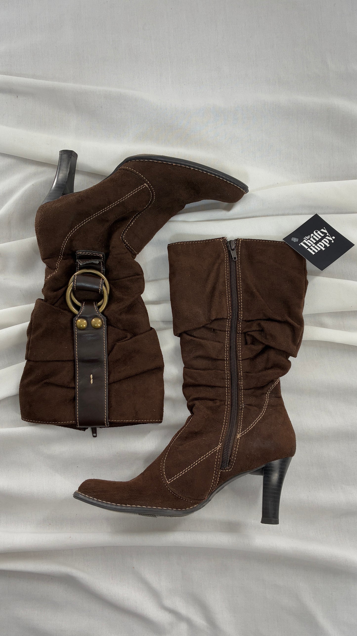 Vintage PREDICTIONS Vegan Suede Brown Stacked Boots with Buckle Detail (6.5)