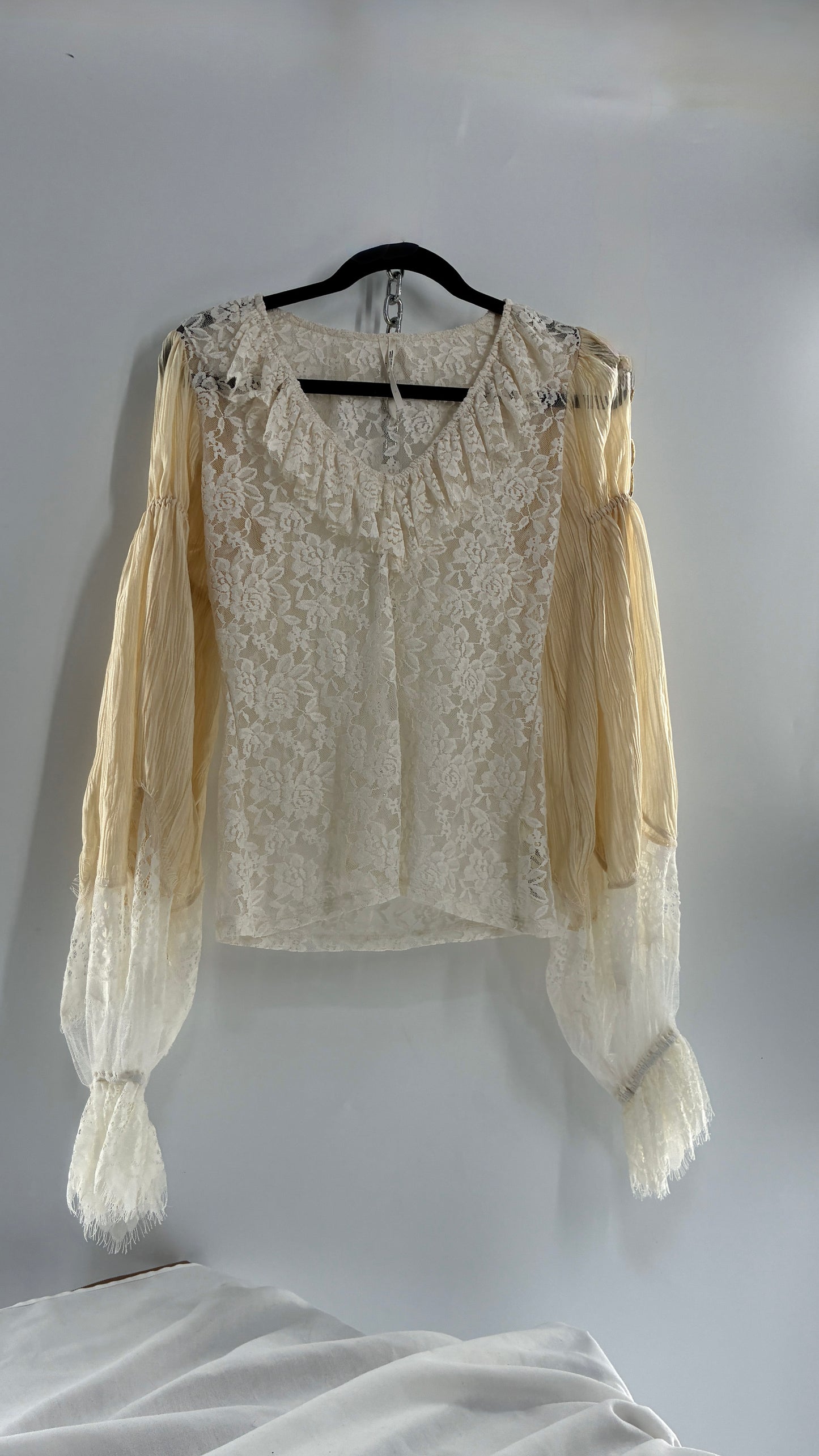 ANTHROPOLOGIE Lace Bubble Sleeve Crepe Blouse (Medium)