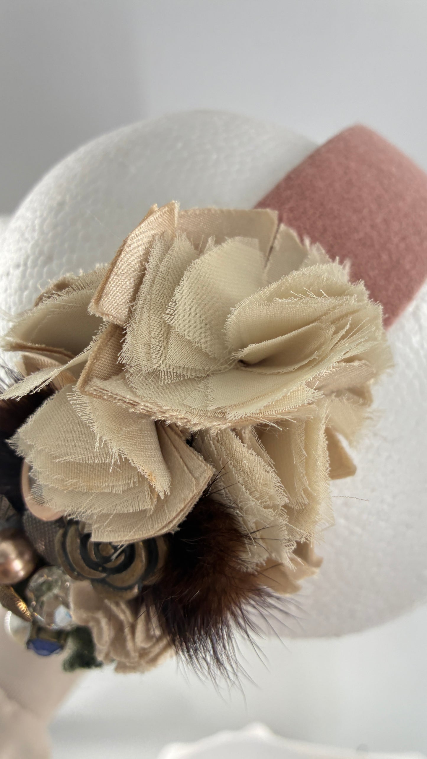Vintage FARMER Handmade Pink Knit Headband with Wool, Buttons and Fur Appliqués