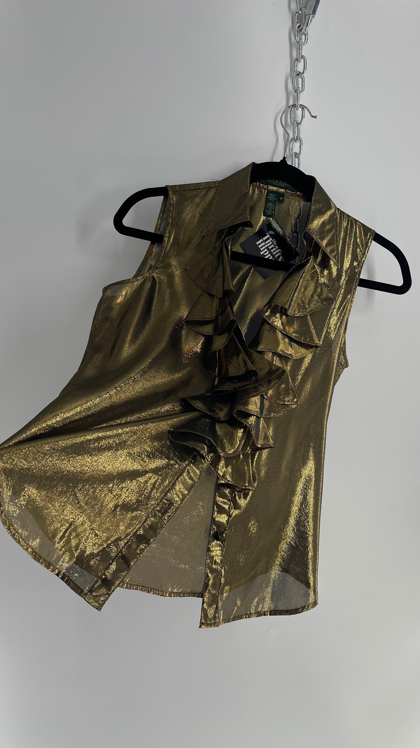 Vintage RALPH LAUREN Gold Metallic Button, Ruffle Front Rocker Top (C)(2P)