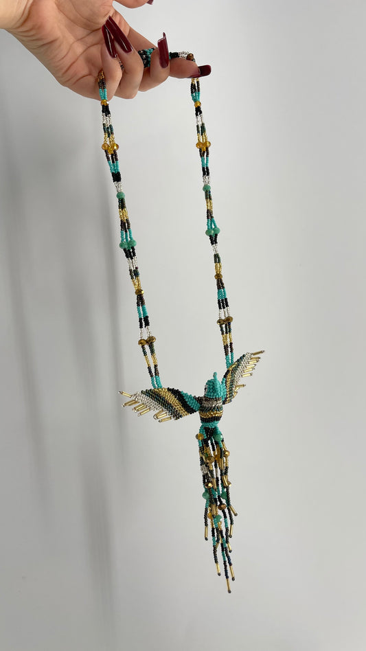 Vintage Beaded Turquoise 3D Handmade Bird Necklace