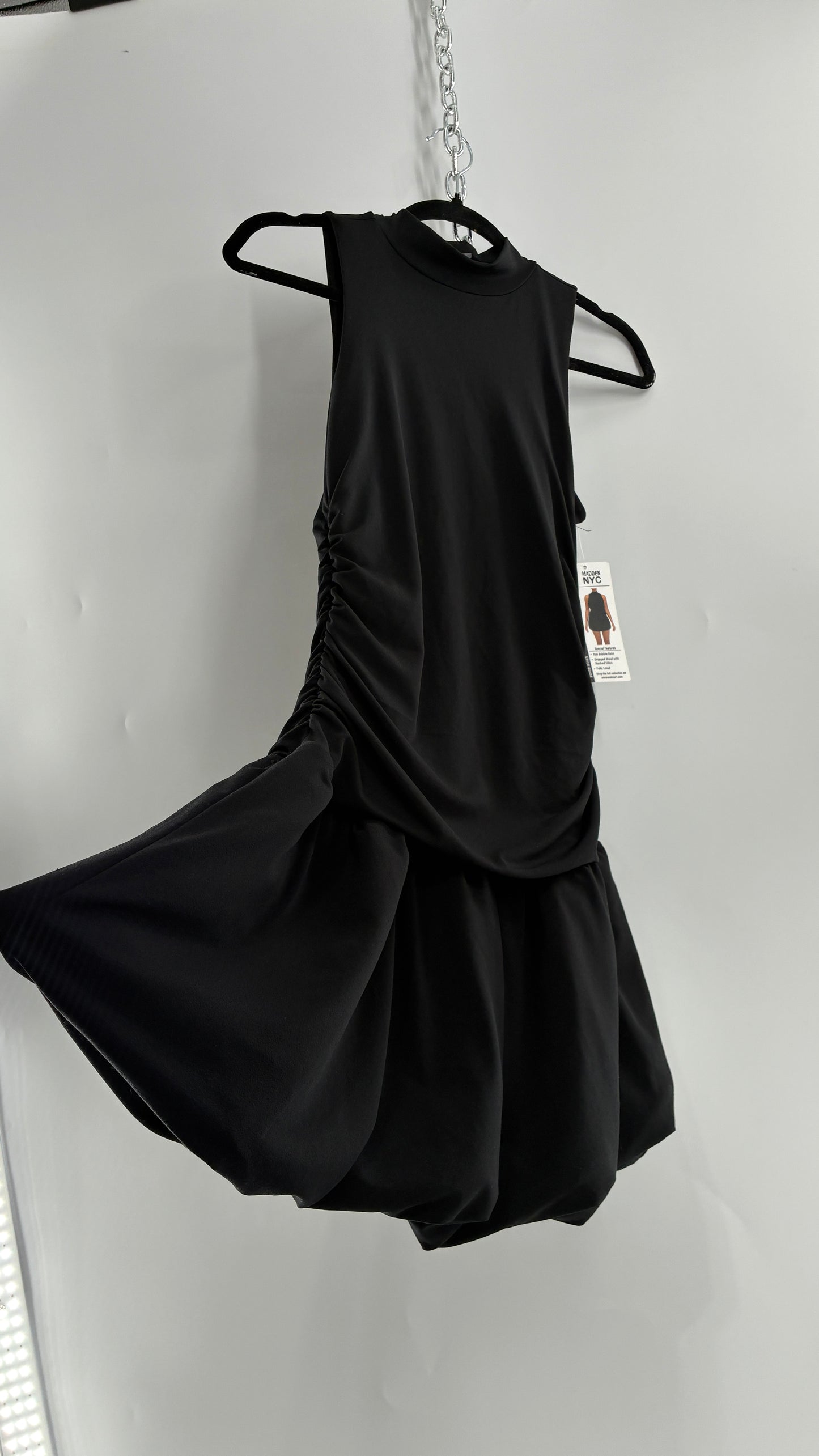 MADDEN NYC Black High Neck, Drop Waist, Bubble Hem Mini Dress with Tags Attached (XS-S)